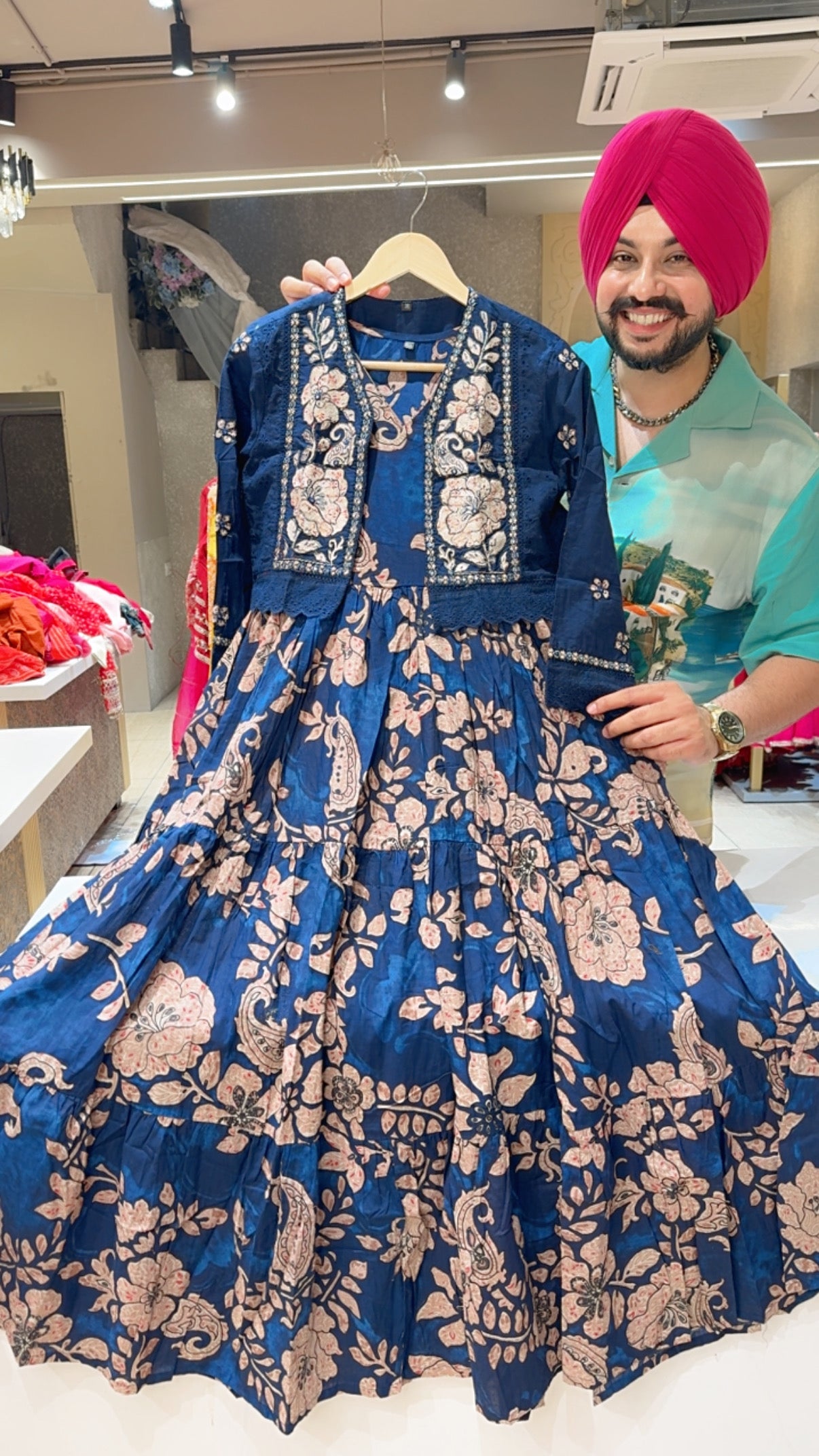 Dark Blue Pure Cotton Floral Print Indowestern Dress with Embroidered Jacket