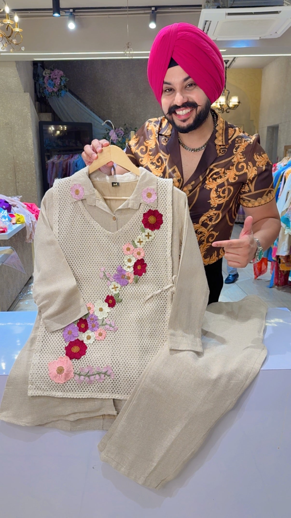 Light Beige Jute Cotton Collar Neck Coord set with Crochet Lace & Embroidered Side Knot Jacket