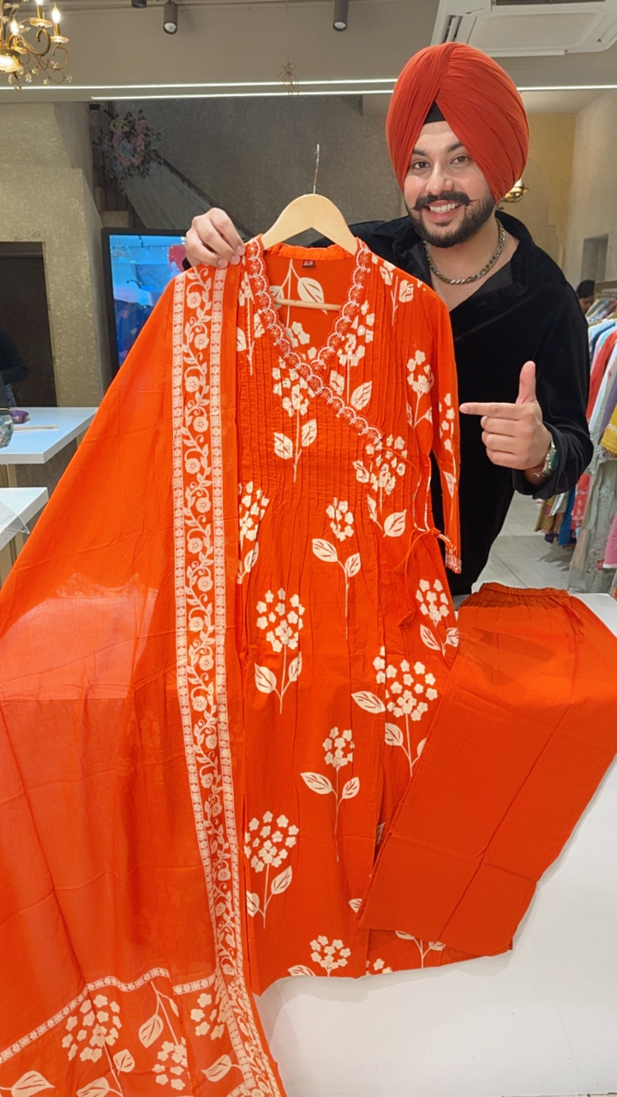 Fanta Orange Pure Cotton Angrakha Office Wear Suit with Sleek Pearl work on neck