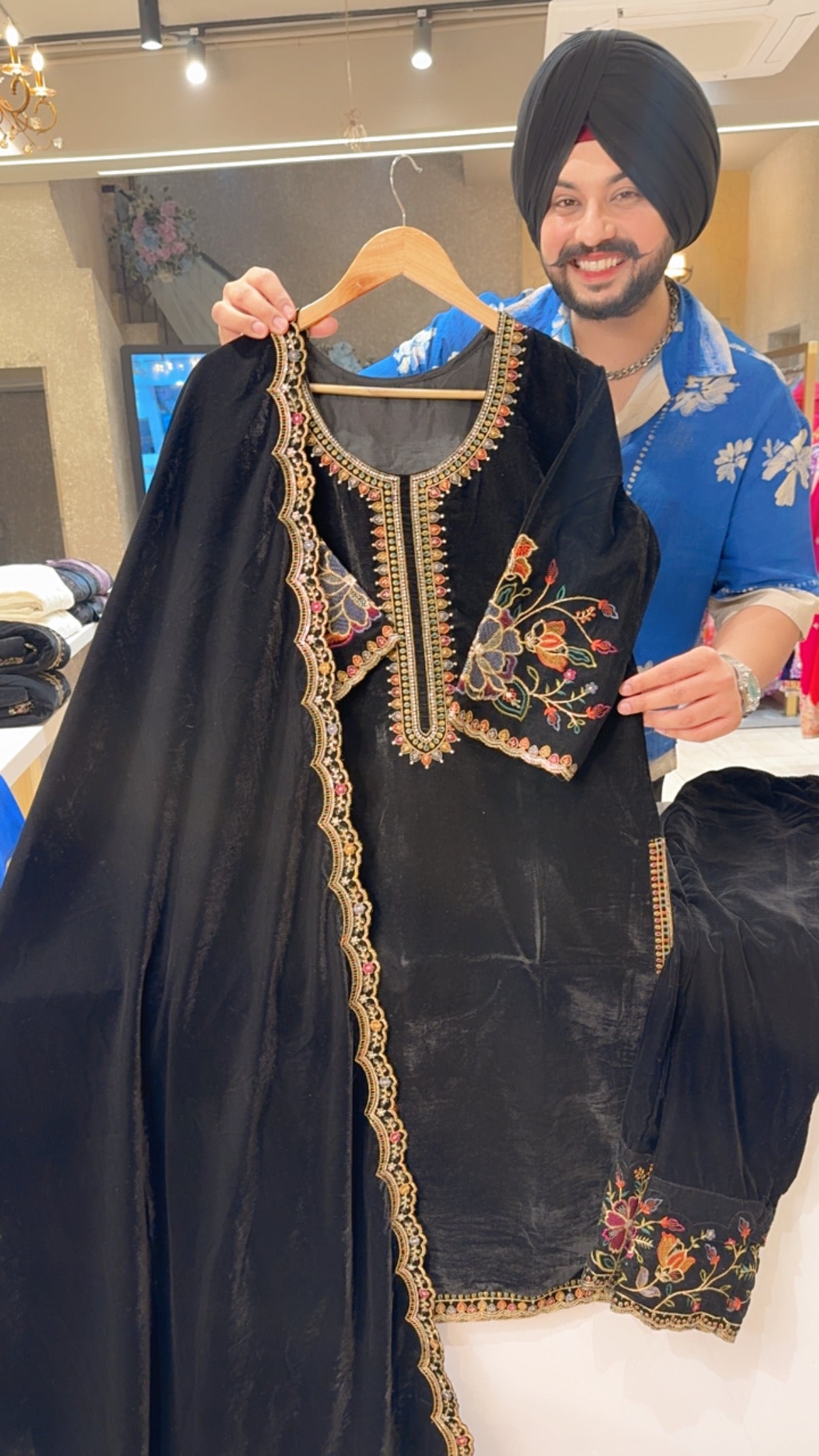 Black Velvet Party Wear Straight Suit with Heavy Embroidery Work on Back