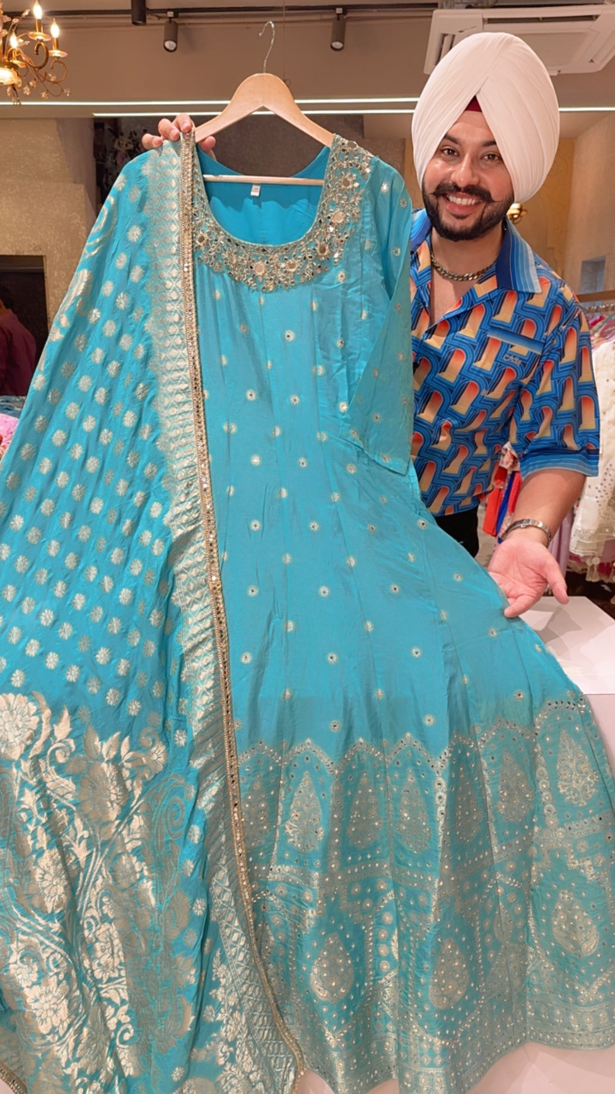 Light Firozi Soft Silk Full Flair Hand Embroidered & Mirror Pasting Anarkali Gown With Heavy Banarasi Border & Duppata