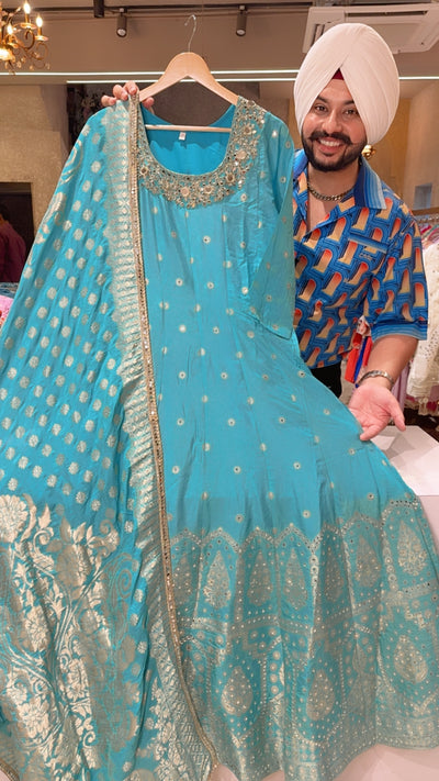 Ink Blue Crush Shimmer Tissue Hand Embroidered Padded Semi Backless Anarkali Gown With Royal Blue Designer Lace Chinon Duappta