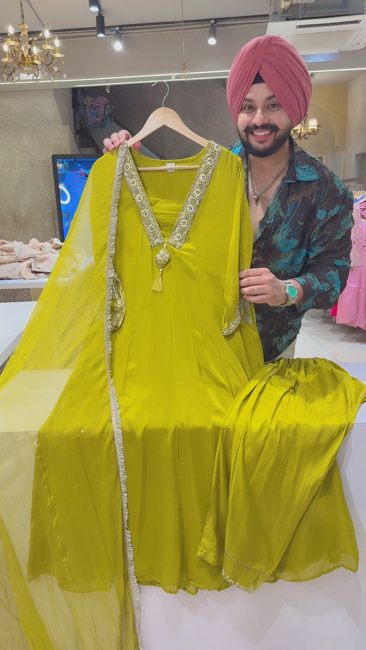 Light Mehendi Chinon Party wear A-Line Suit with Hand embroidery work on Neck & Pockets