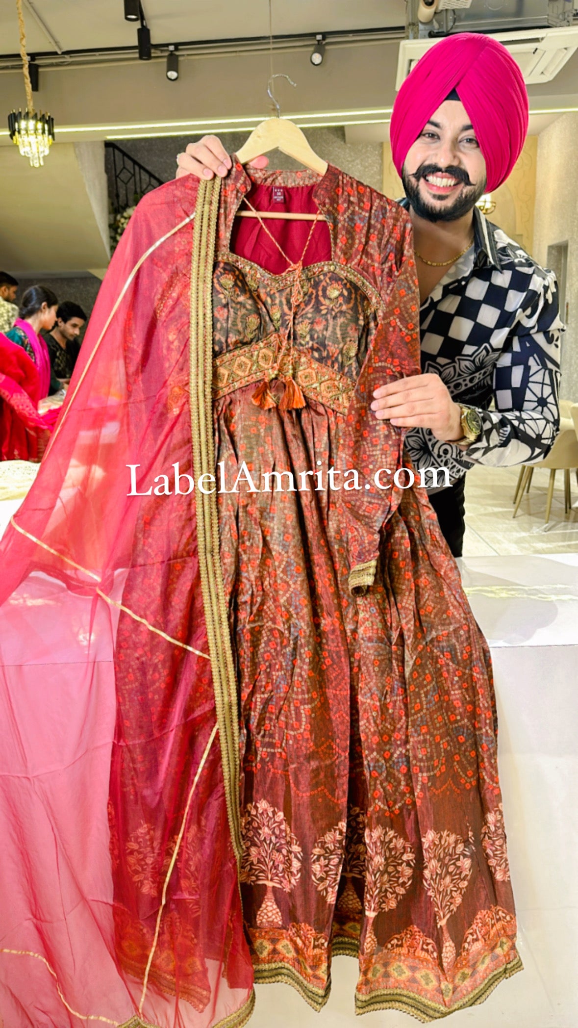 Maroon Dola Silk padded Hand embroidered Anarkali Gown with Organza Duppata