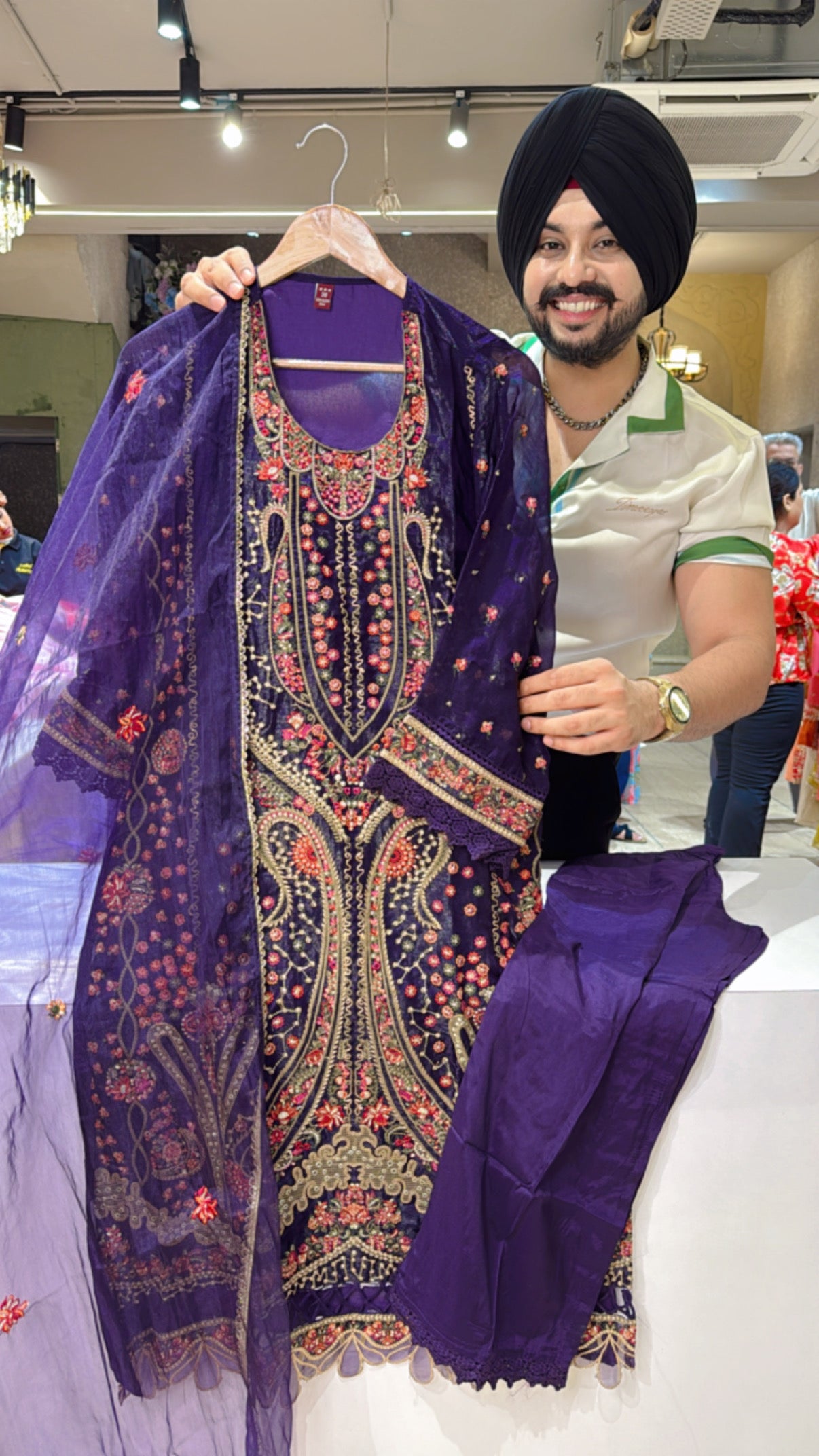 Brinjal Shimmer Silk Heavy embroidered Kashmiri Suit with Embroidered Organza Duppata