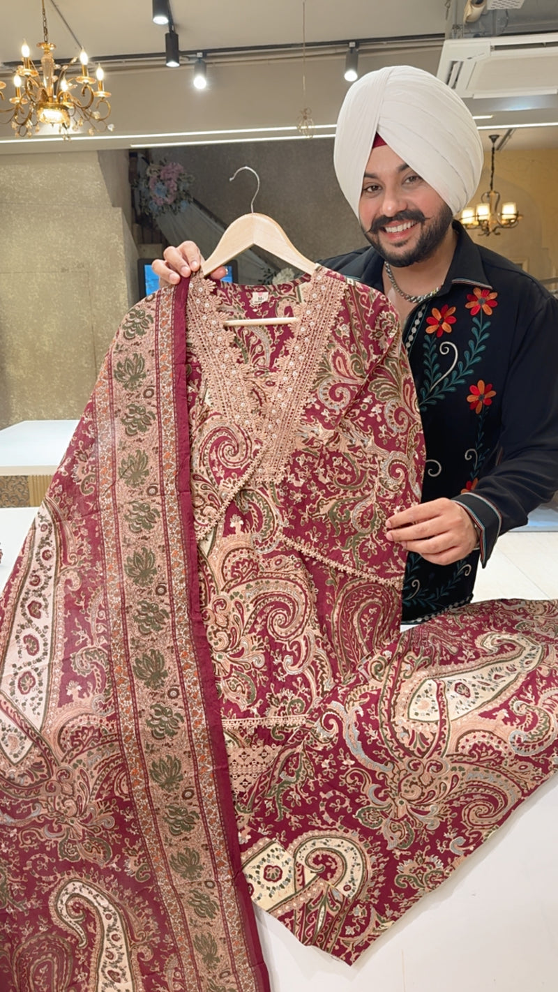 Beige & Winish Maroon Pure Cotton Pakistani Farshi Salwar Indowestern