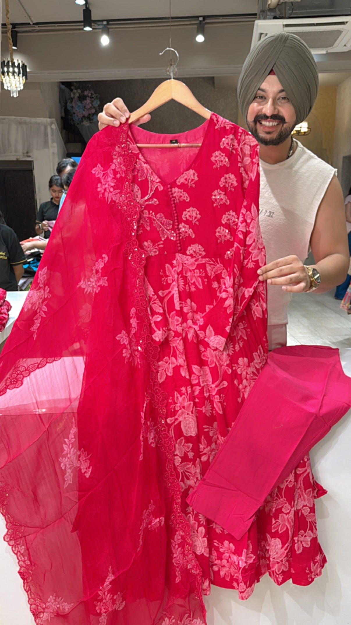 Hot Pink Chinon Floral Print Full Flair Anarkali Suit with Hand embroidery Work on neck & sleek Soft Organza Duppata