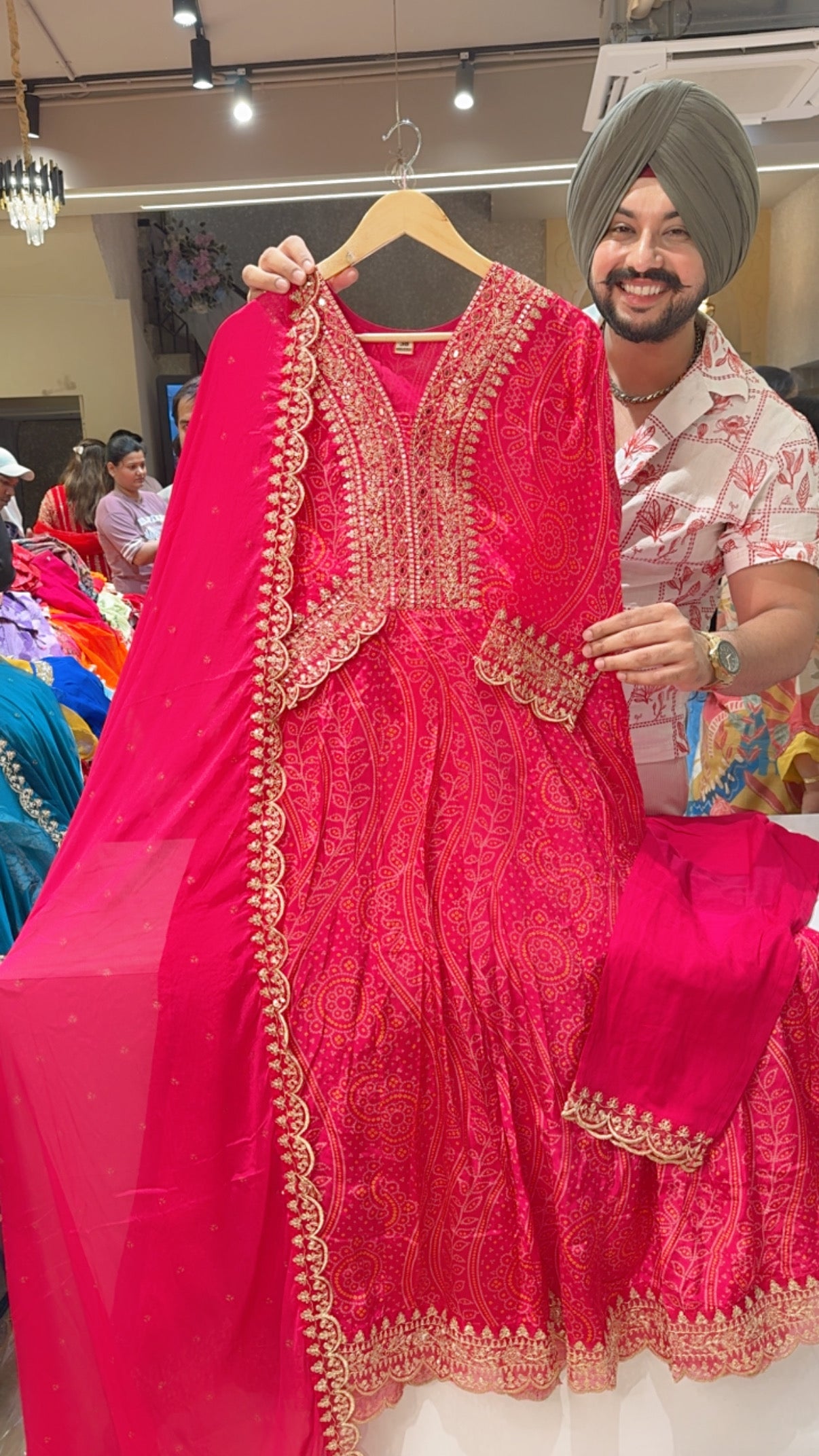 Hot Pink Viscose Crepe Bandhej Print Embroidered Anarkali Suit with Beautiful Chinon Duppata