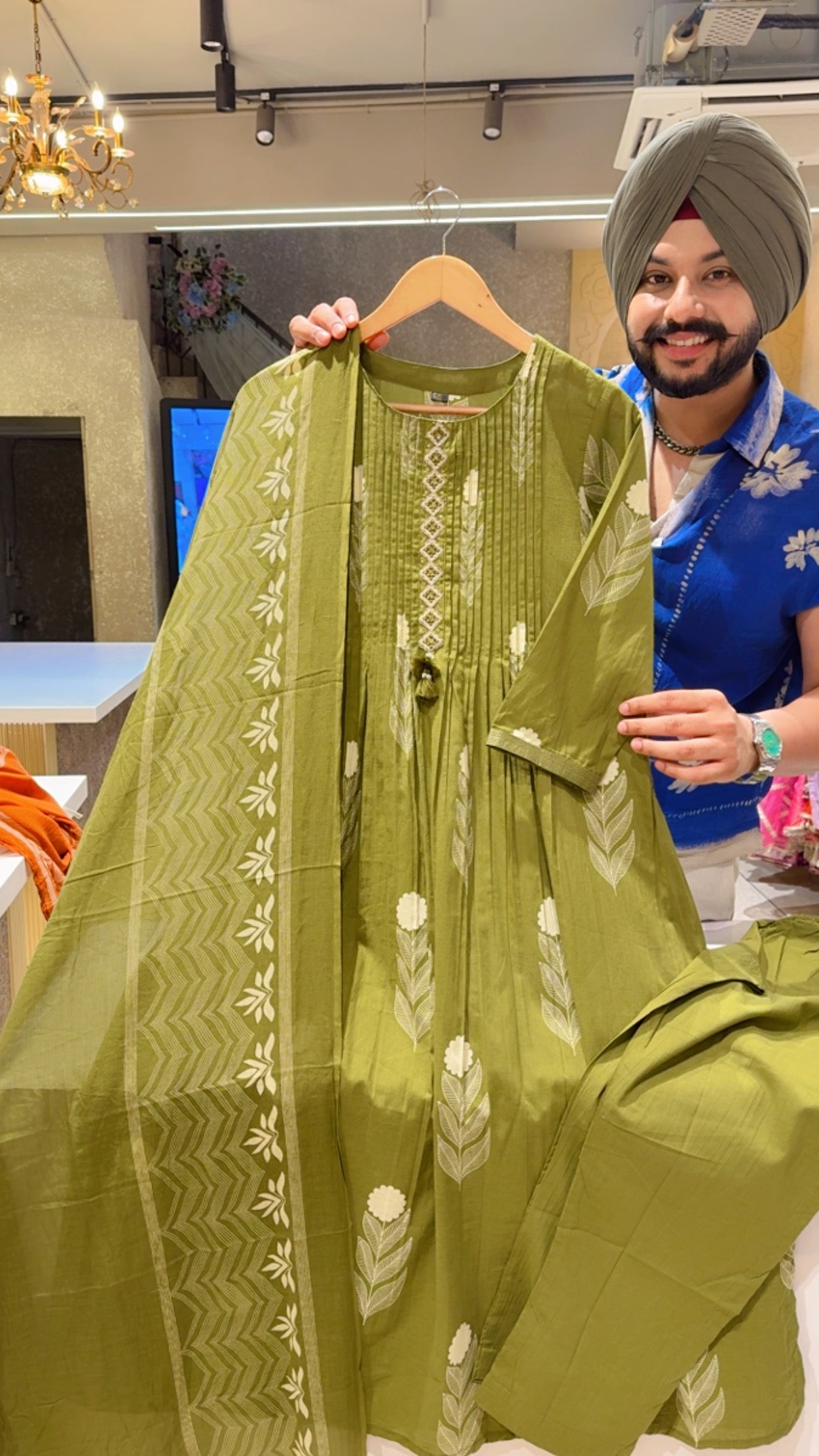 Olive Green Pure Cotton A-line Side Slit Suit with Sleek Embroidery Work on neck