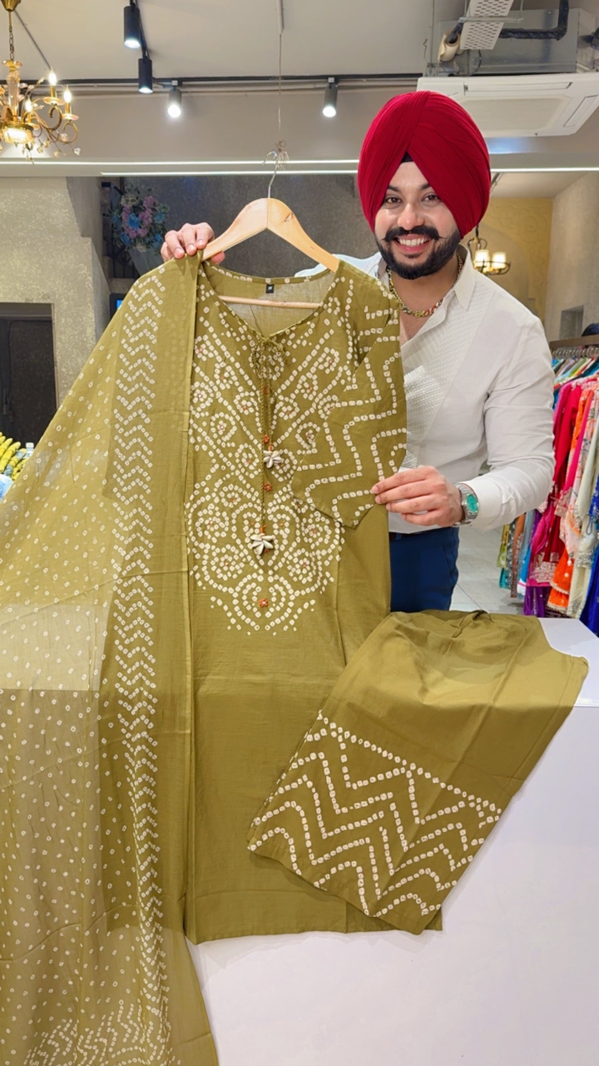 Light Mehendi Soft Cotton Bandhej print office Wear cotton Suit