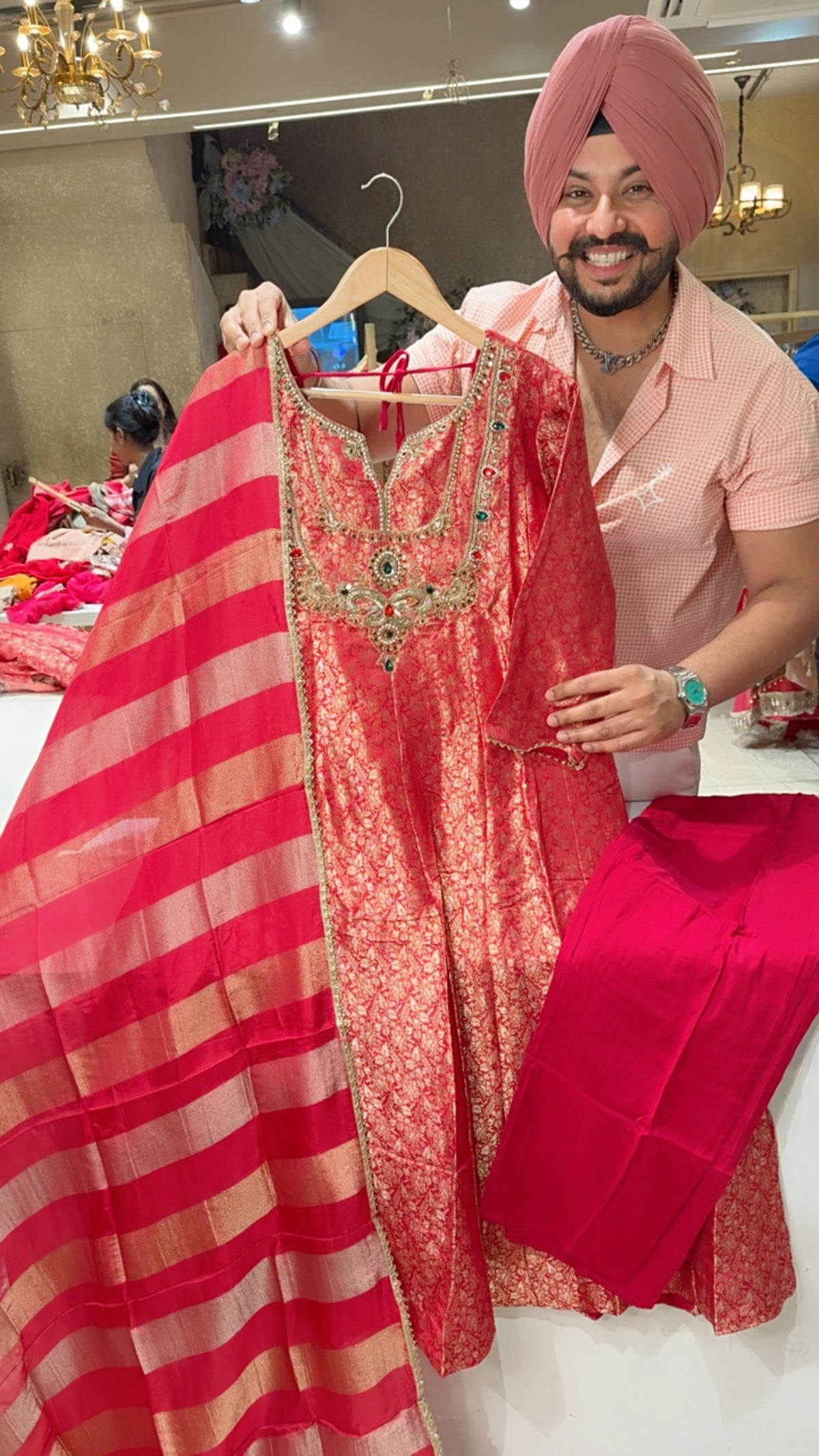 Gajri pink Brocade Silk Stone Hand Embroidered Full Flair Anarkali Suit