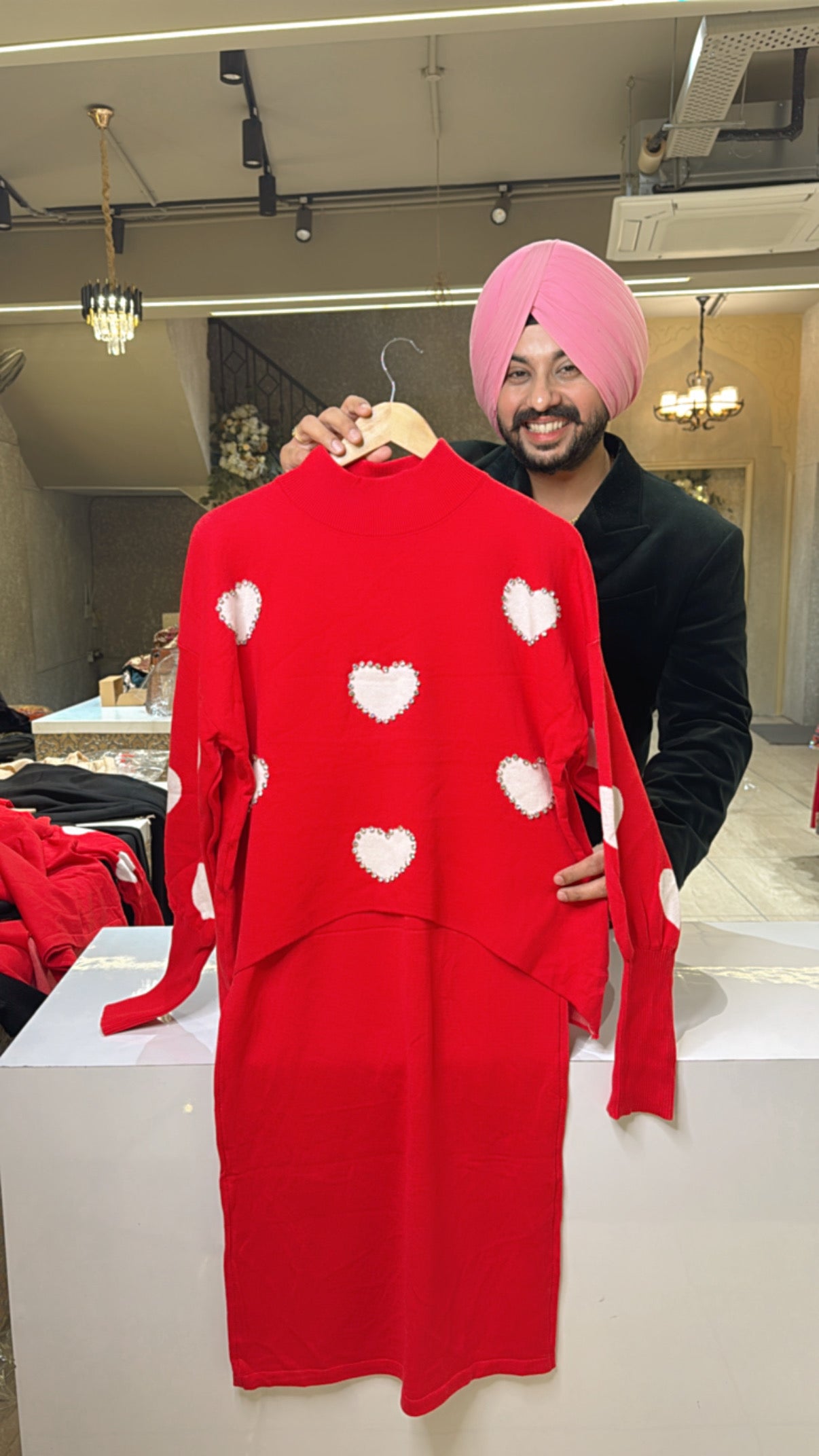 Vibrant Red Imported Woolen Dress with High neck Crop top