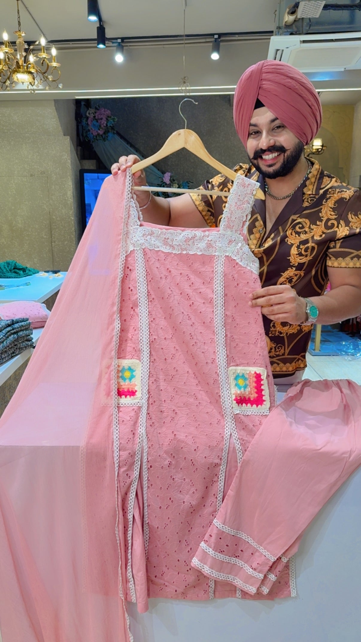 Pastel Pink Cotton Shifli & Crochet Girish Double Slit Girish straight Suit with Beautiful Chiffon Duppata