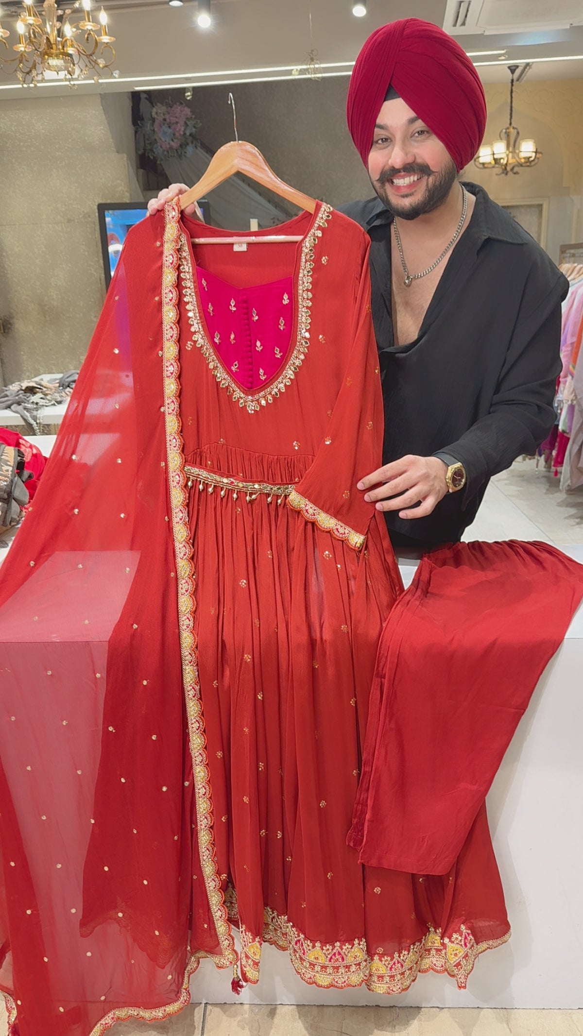 Rust Colour Georgette Designer Neck Hand embroidered Full Flair Anarkali Suit