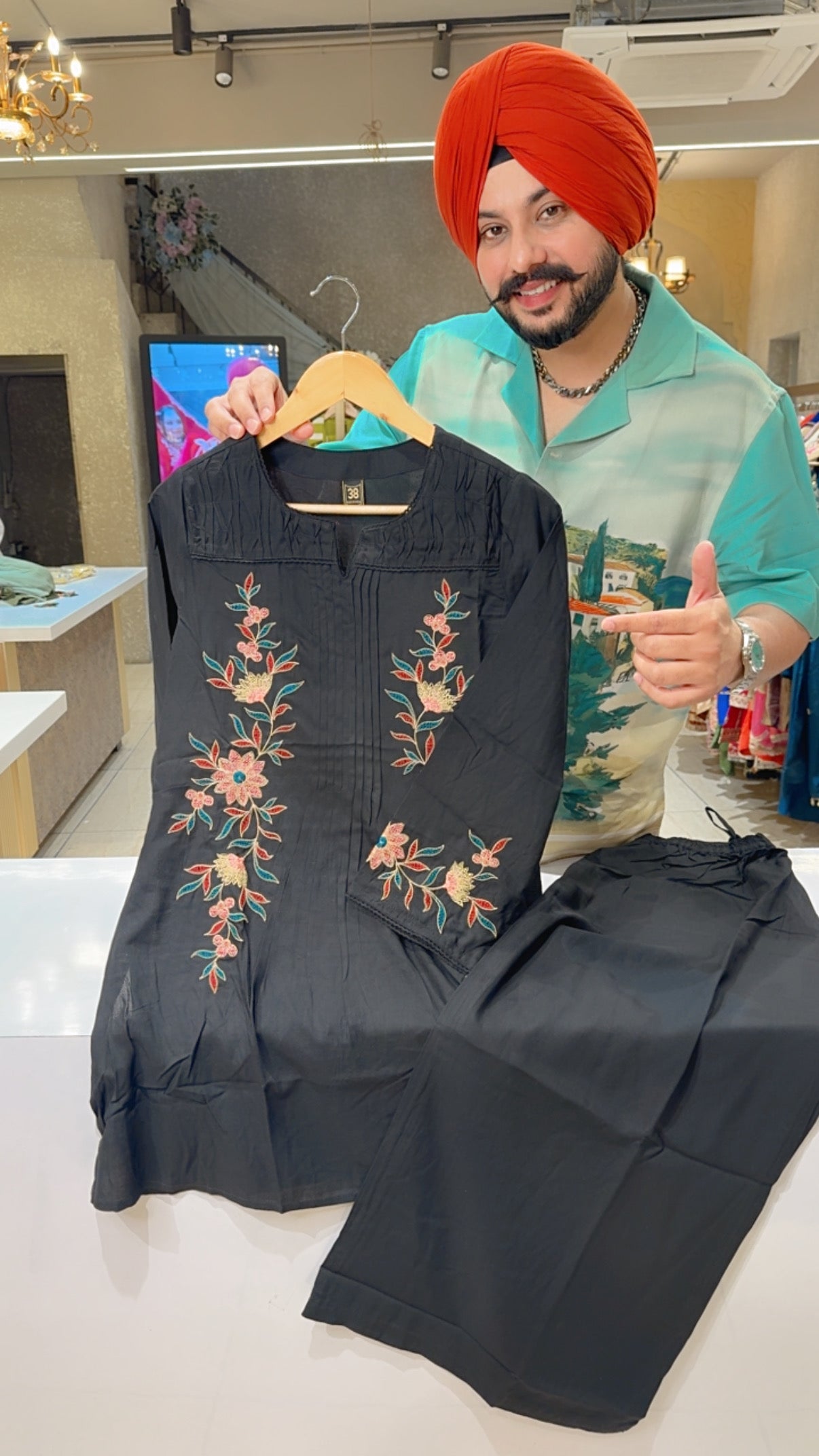 Black Premium Rayon Embroidered Semiformal Coord set