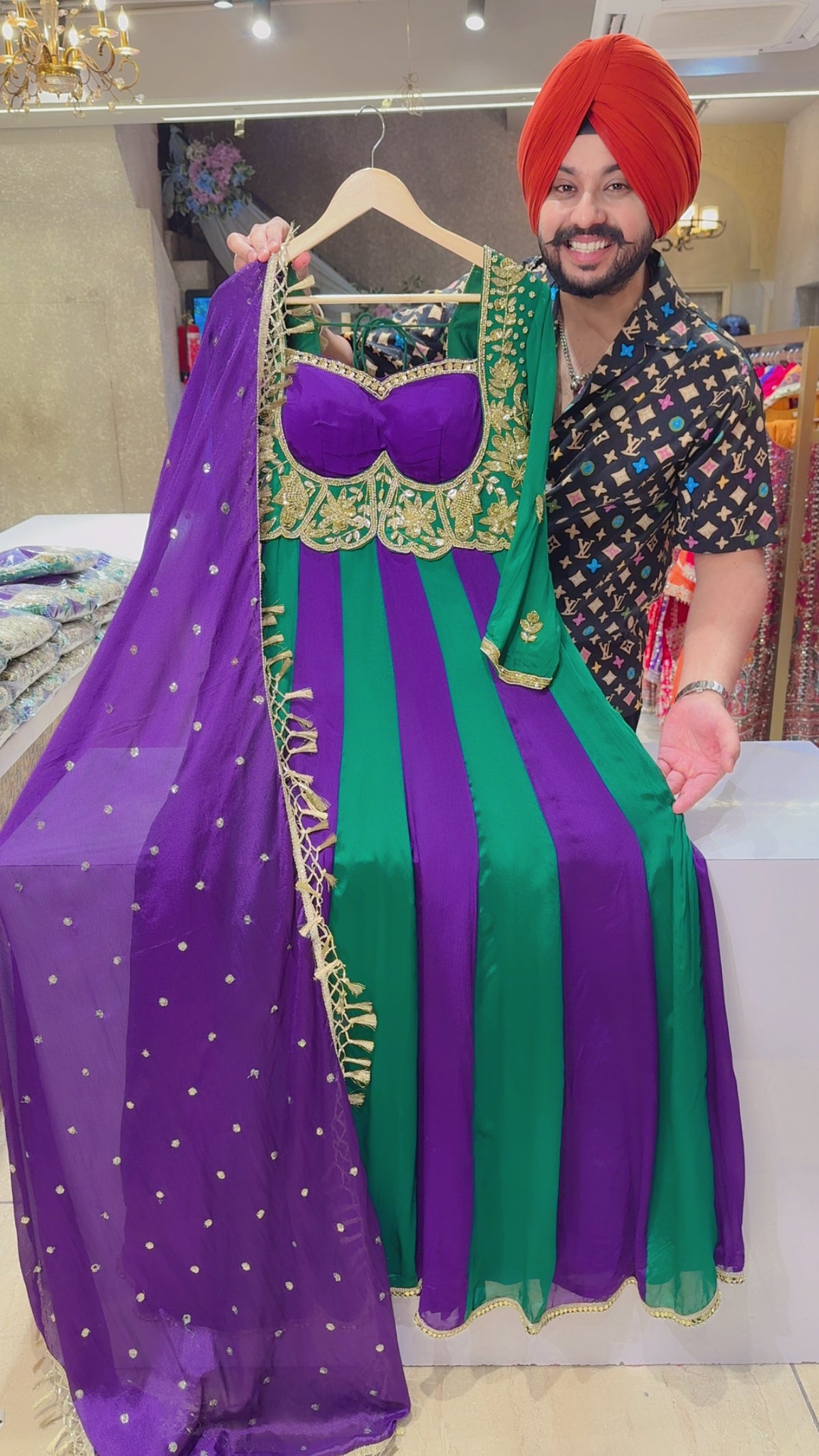 Green & Purple Chinon Heavy Hand embroidered Padded Semibackless Party wear Anarkali Suit