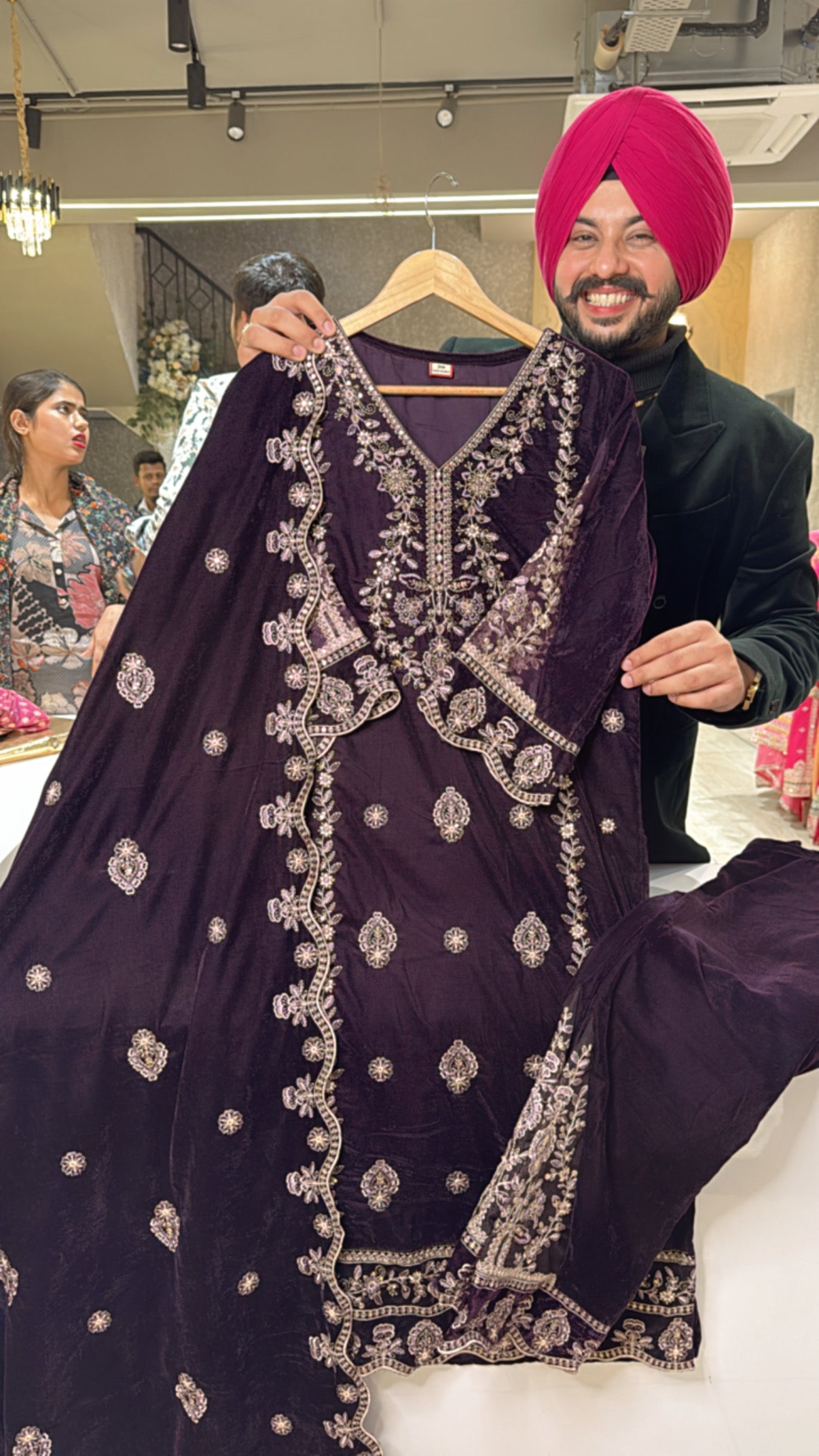 Dark wine premium Velvet Heavy embroidered Pakistani Suits with Designer Sleeves & pants