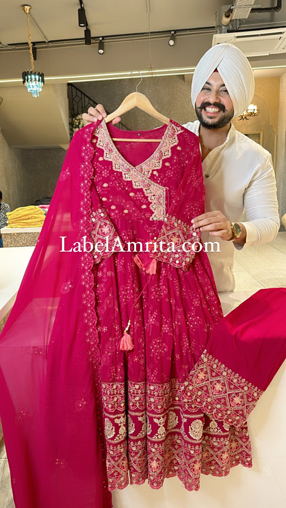 Rani pink Georgette Angrakha Fully Embroidered Anarkali Suit with with Heavy Embroidery work on neck , border & pants