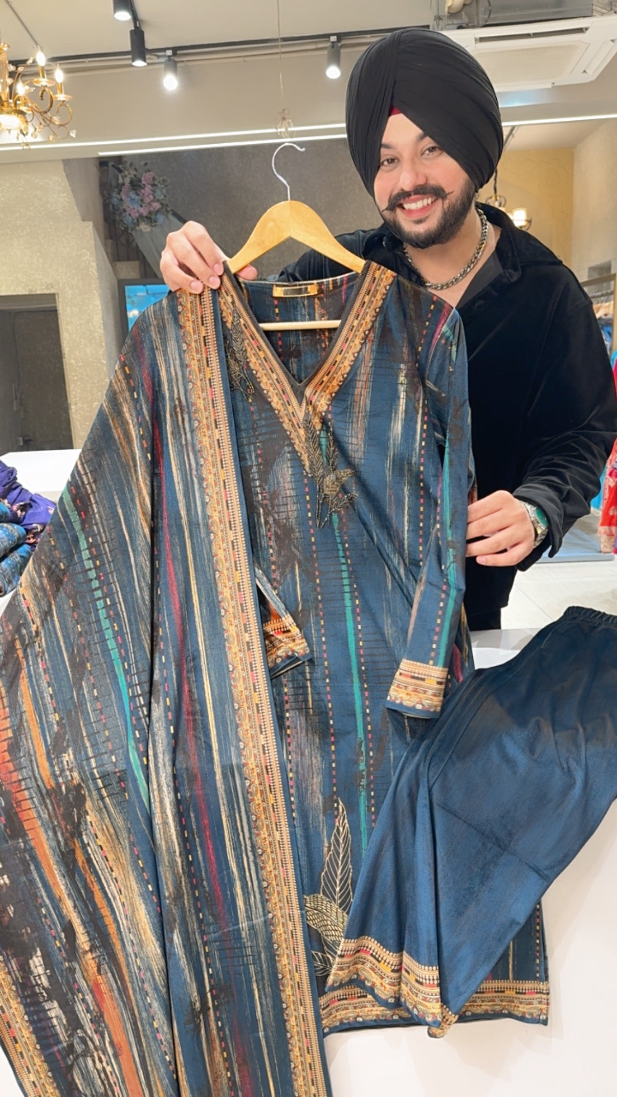 Peacock Strechable velvet Digital Print Party Wear Straight suit with Sleek Hand embroidery work on it