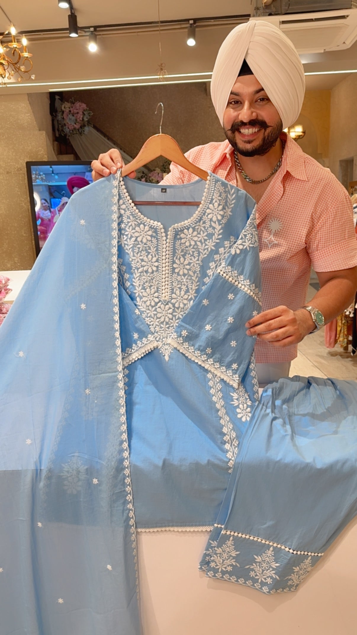 Powder Blue Mal Cotton Embroidered  Semi formal Farshi Salwar Suit
