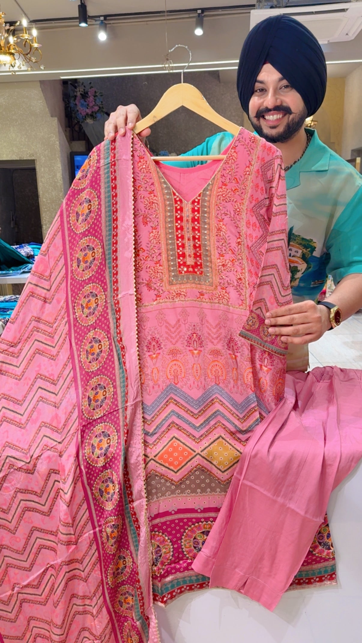 Light Pink Crepe digital Print party Wear Suit with Hand embroidery Work on neck