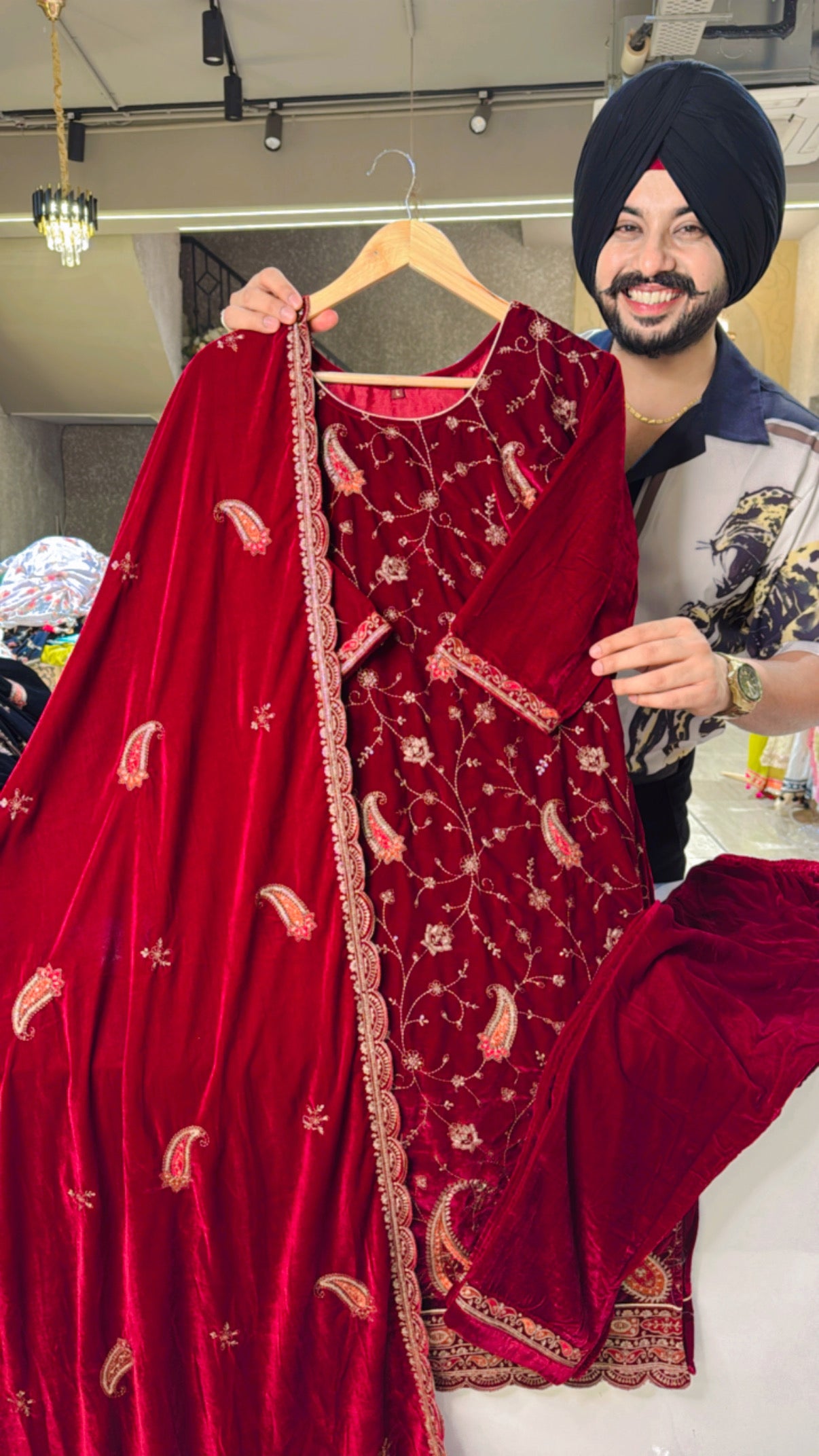 Reddish maroon Velvet Fully embroidered Straight Suit with Embroidered Duppata