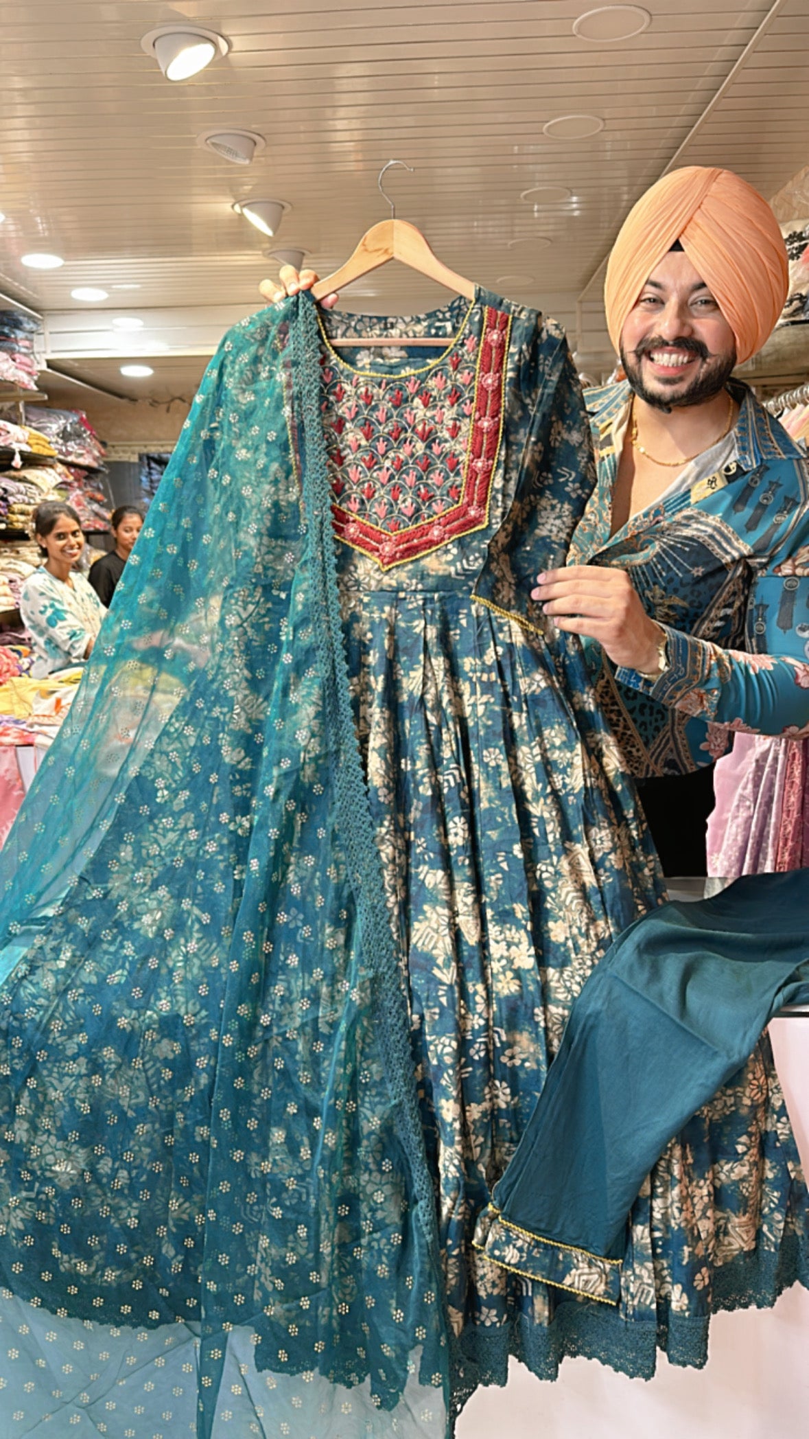 Peacock Muslin Silk Embroidered Anarkali suit with Beautiful Mukash work on organza Duppata