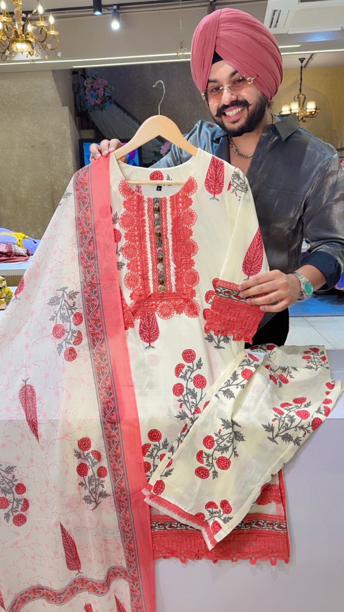 Off white & Gajri pure Cotton crochet Lace Kashmiri Suit