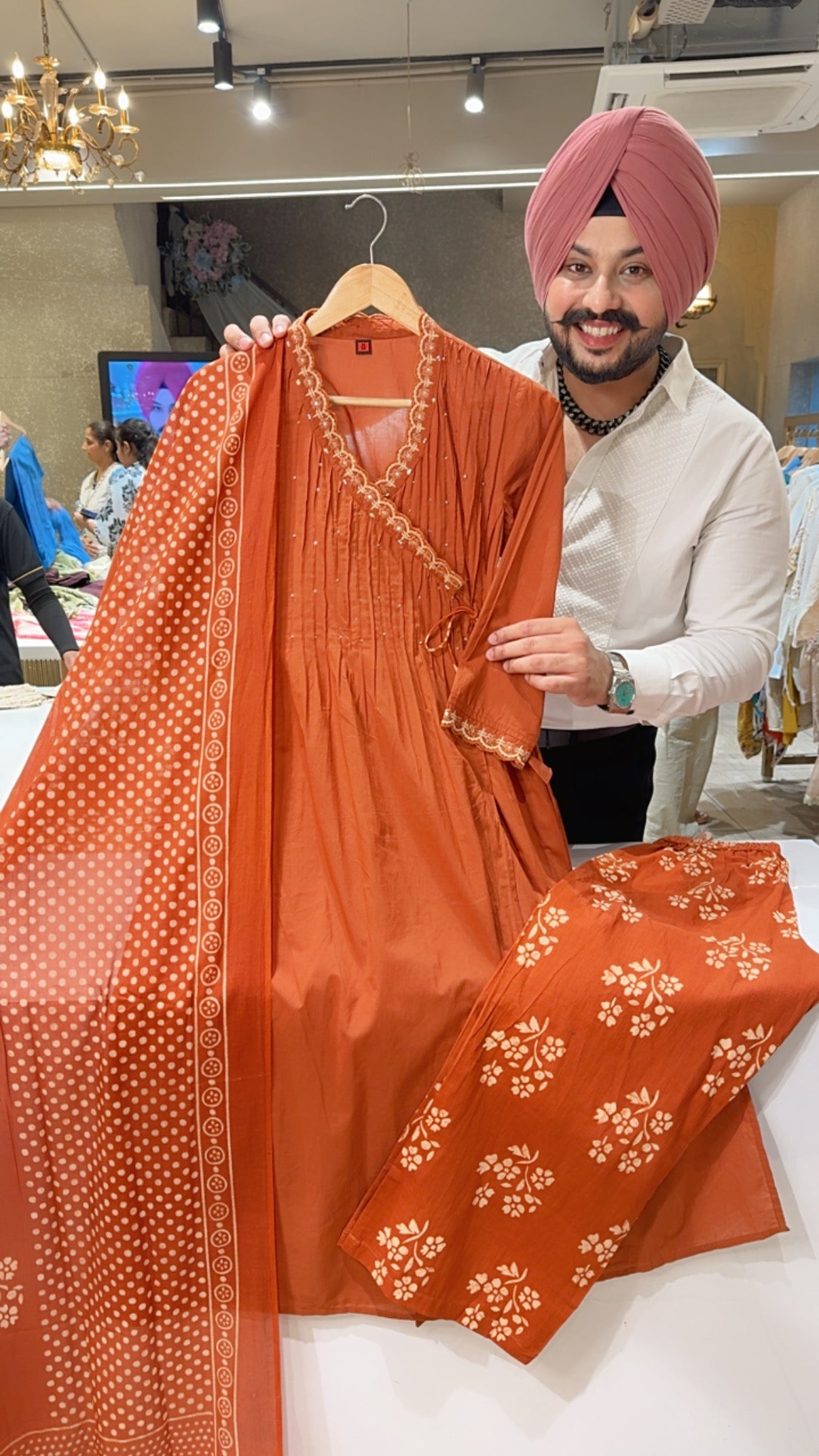 Rust Pure Cotton Angrakha Office Wear Suit with Sleek Embroidery Work on neck