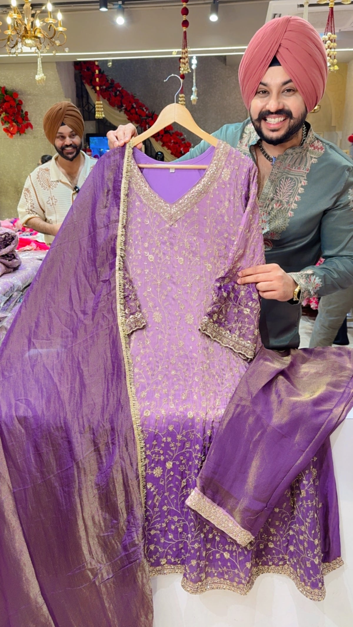Mauve & Purple Shimmer Silk Front & Back Fully Hand embroidered Party Wear Anarkali Suit