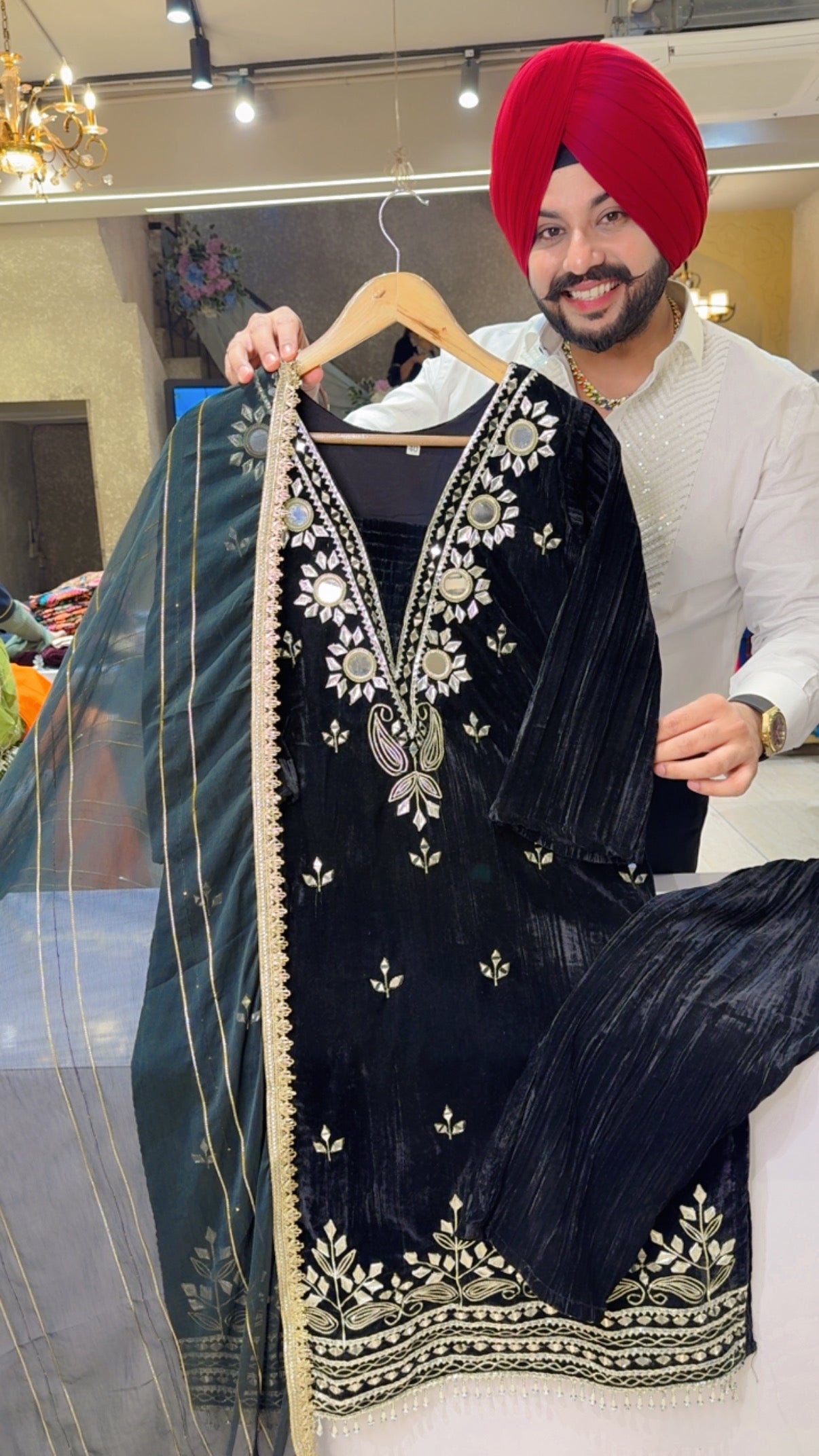 Black Crush Velvet Mirror & Gotta Work Straight Suit with Beautiful Chiffon Duppata