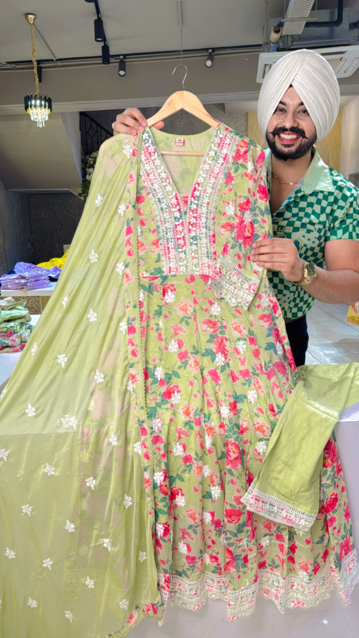 Light Green & Multicolored Chinon Fully Embroidered Anarkali Suit