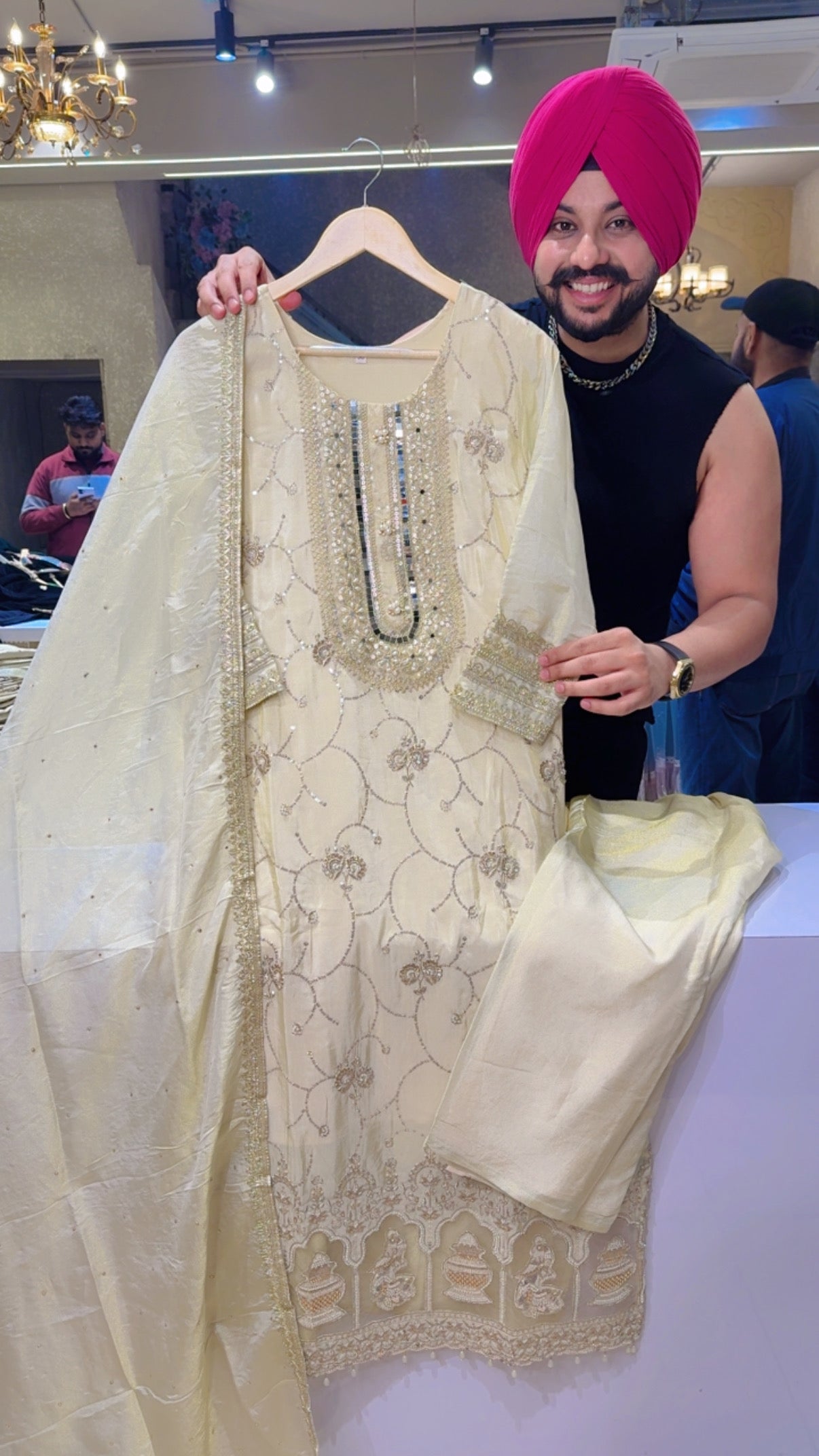 Ivory Colour Shimmer Silk Hand & Pearl embroidered Long Length Straight Suit