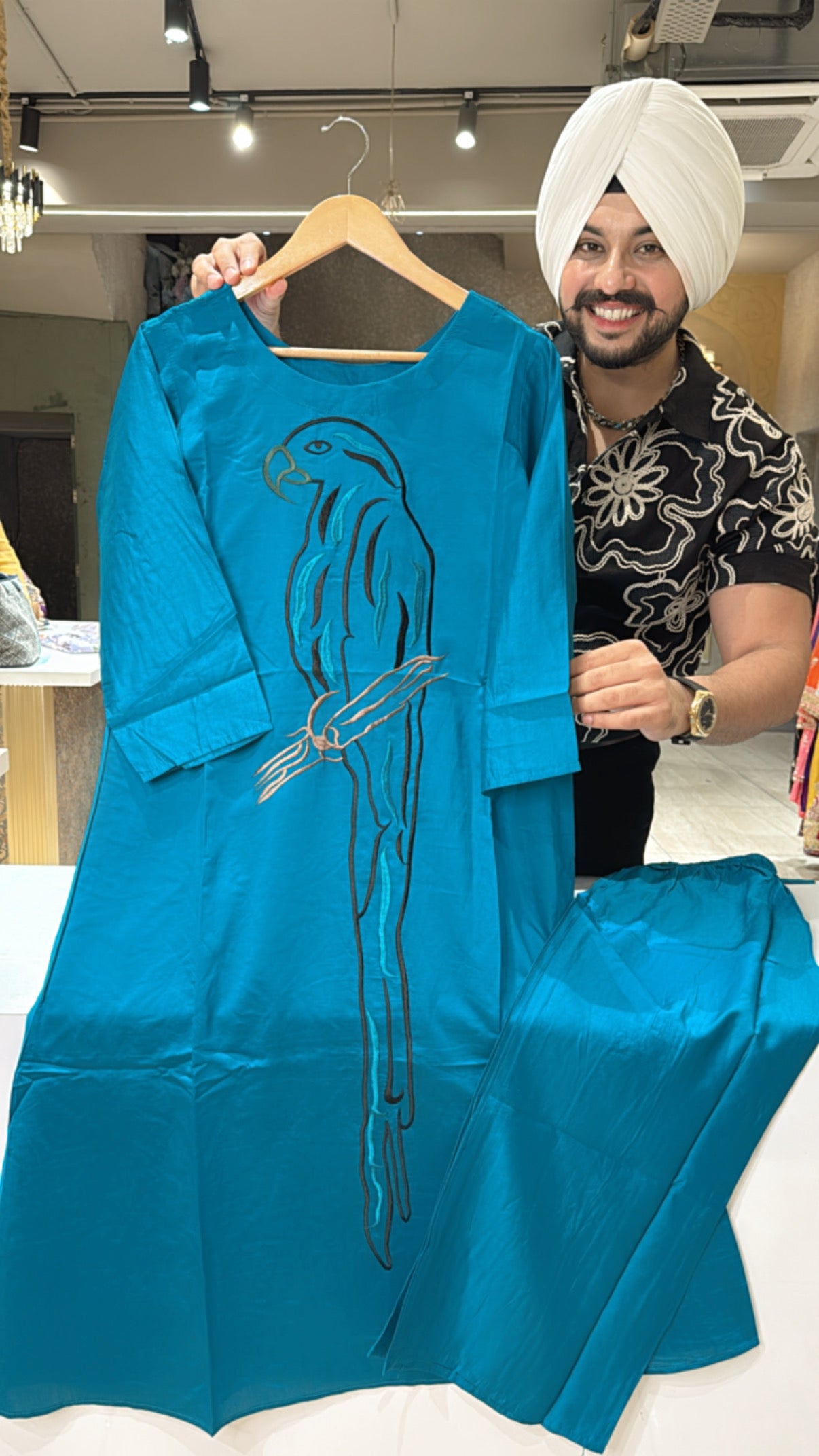 Turquoise Soft Silk A-line Parrot Embroidered Coord set