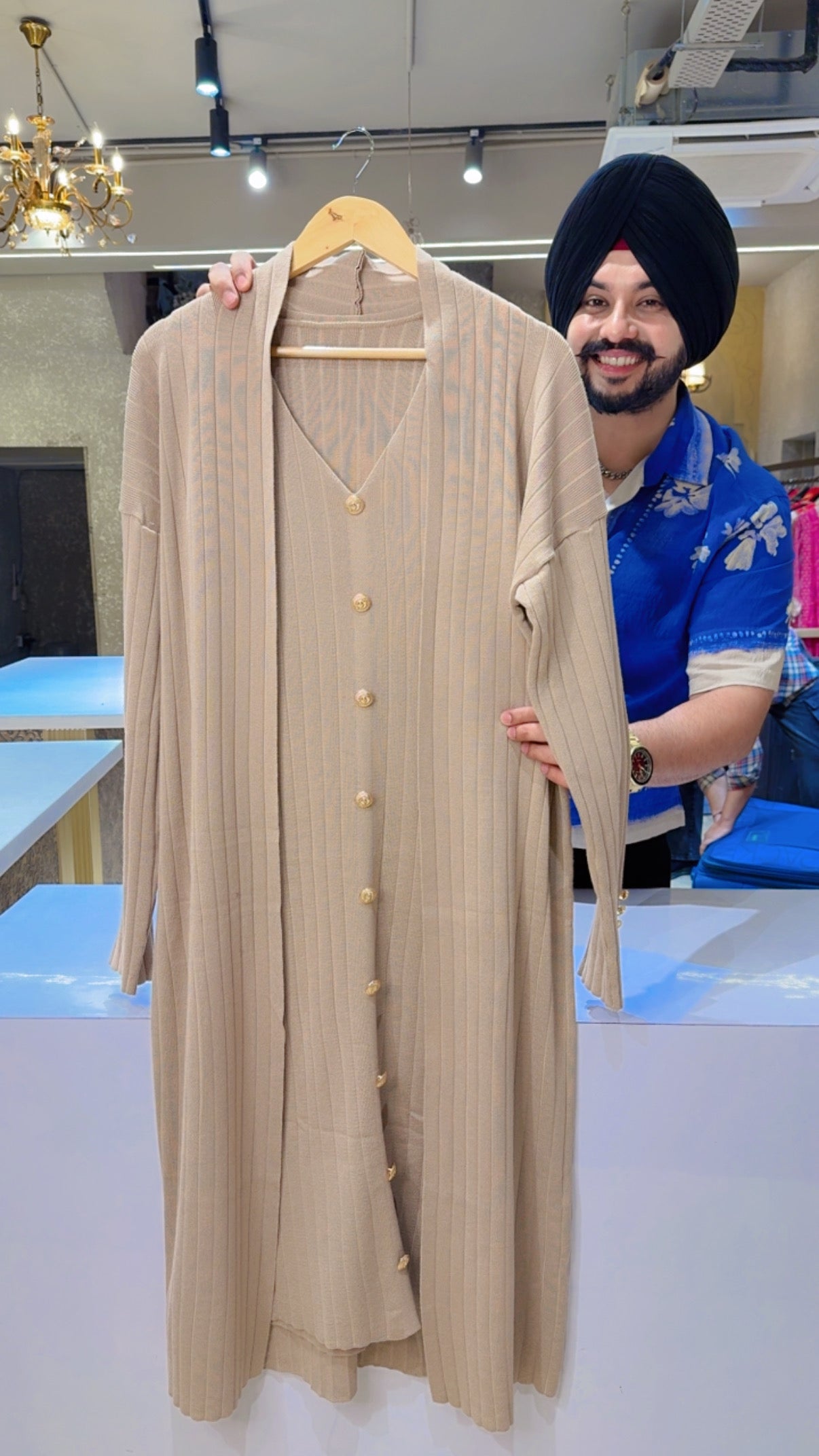 Nude beige Fully Stretchable Imported Woolen Long length Dress With stylish Woolen Shrug