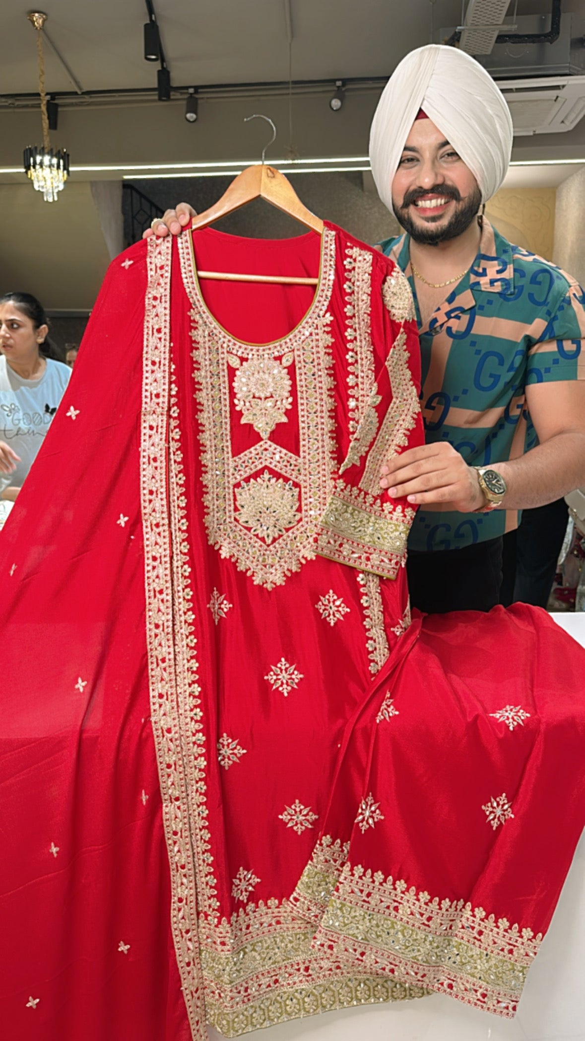 Red Chinon heavy Embroidered Straight Plazo suit