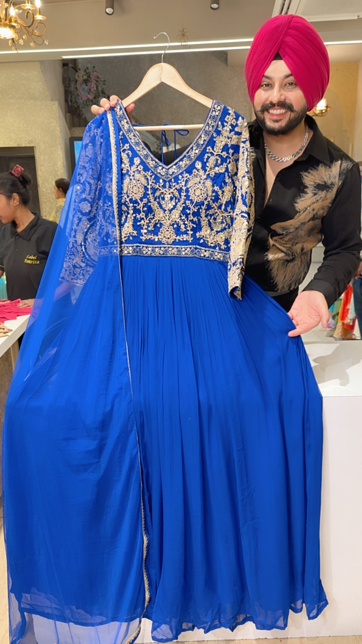 Royal Blue Premium Georgette Heavy Hand Embroidered Semi Backless Padded Anarkali Gown With Net Duppata