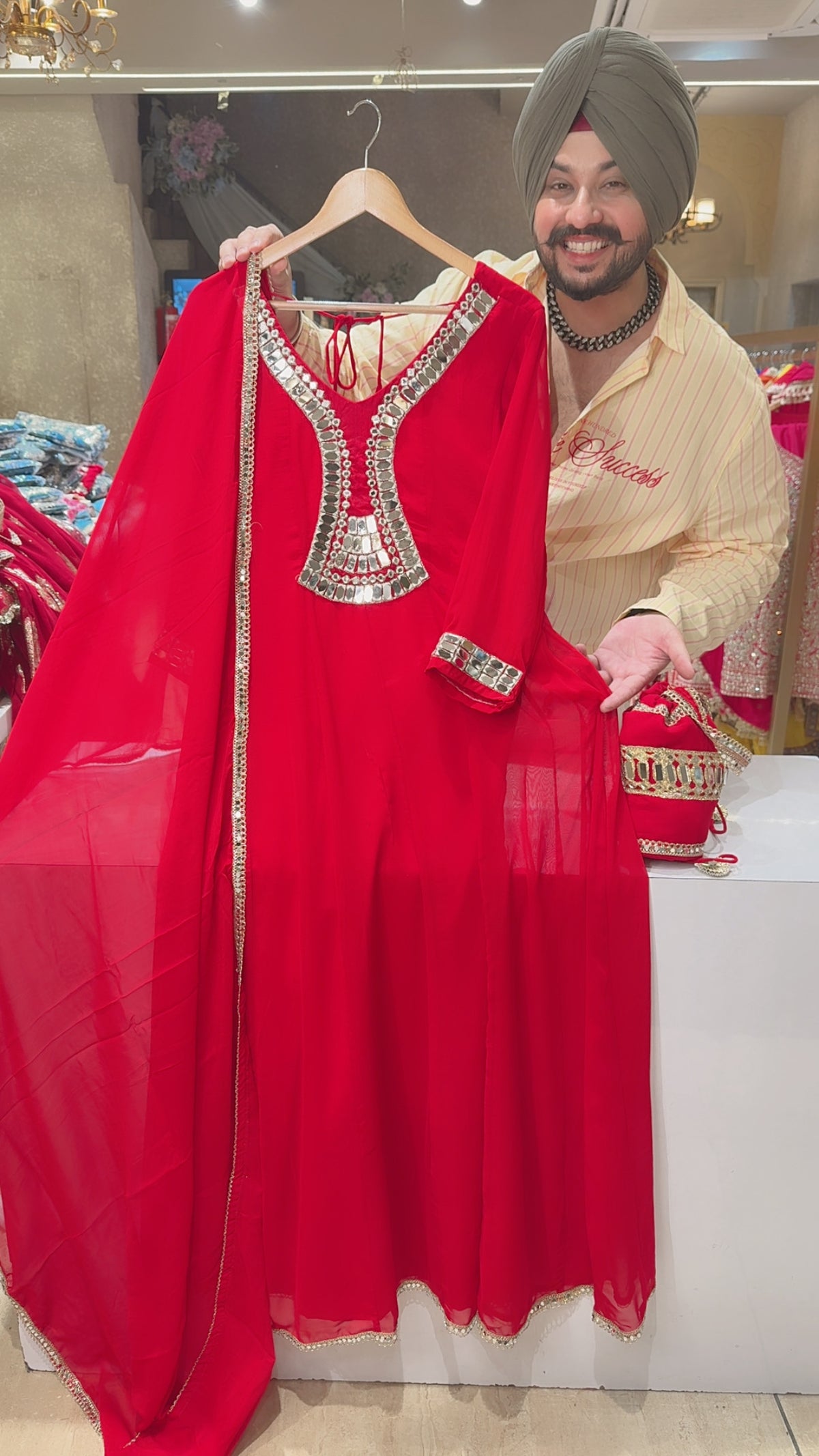 Red Georgette Mirror Work Semi Backless Full Flair Anarkali Gown With Cute Potli