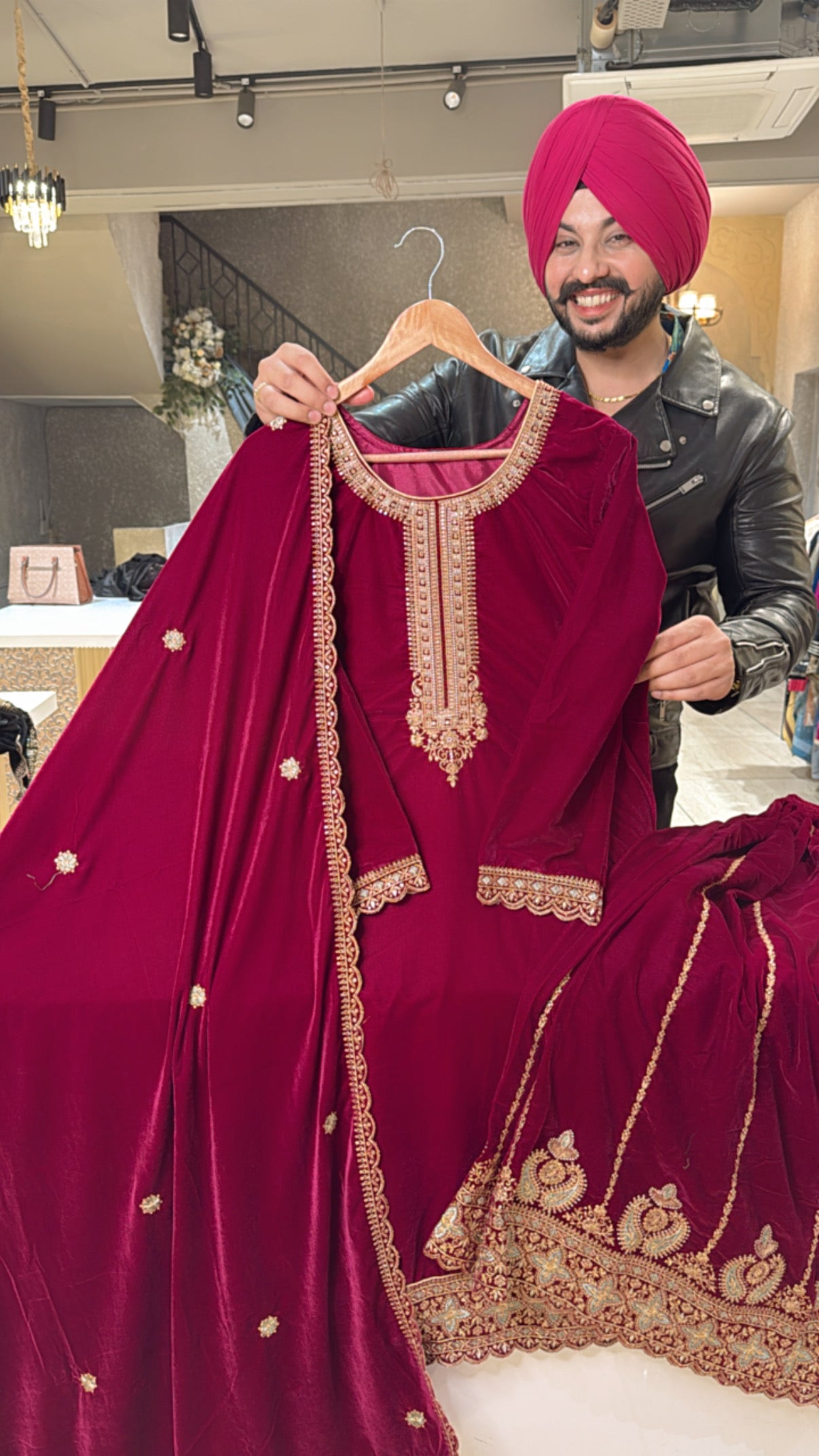 Dark Magenta Velvet Heavy embroidered Azaaro Suit with Beautiful Duppata