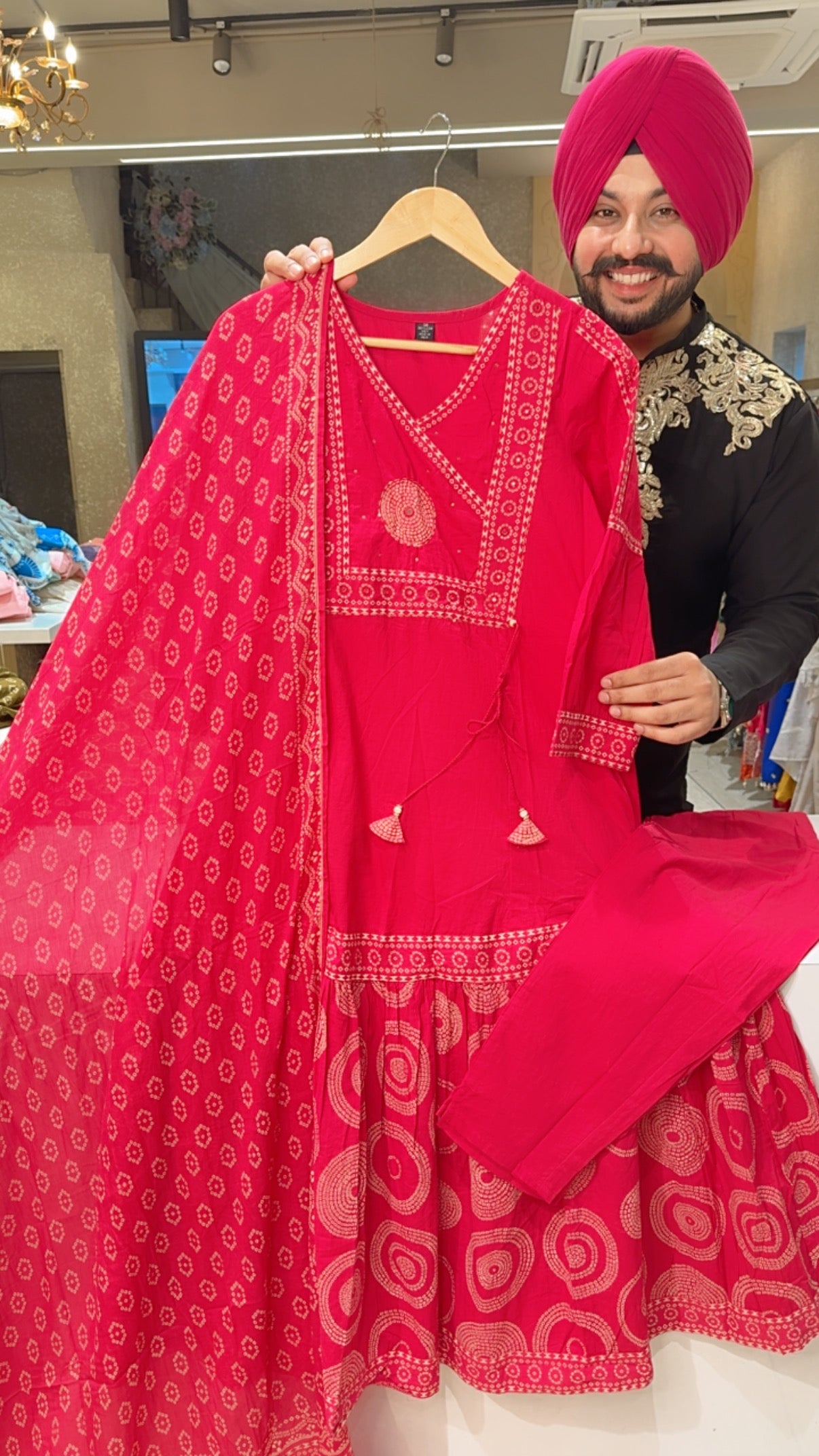 Hot Pink Bandhej Print Pure Cotton Semi formal Anarkali suit