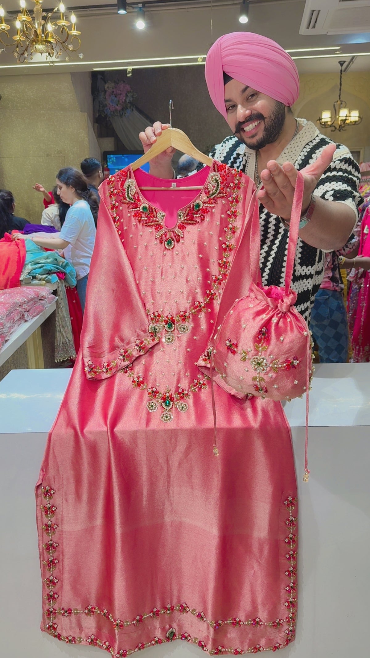 Pinkinsh Peach Girraff Silk Stone & Pearl Hand embroidered Designer Kashmiri Phiran Dress With Potli