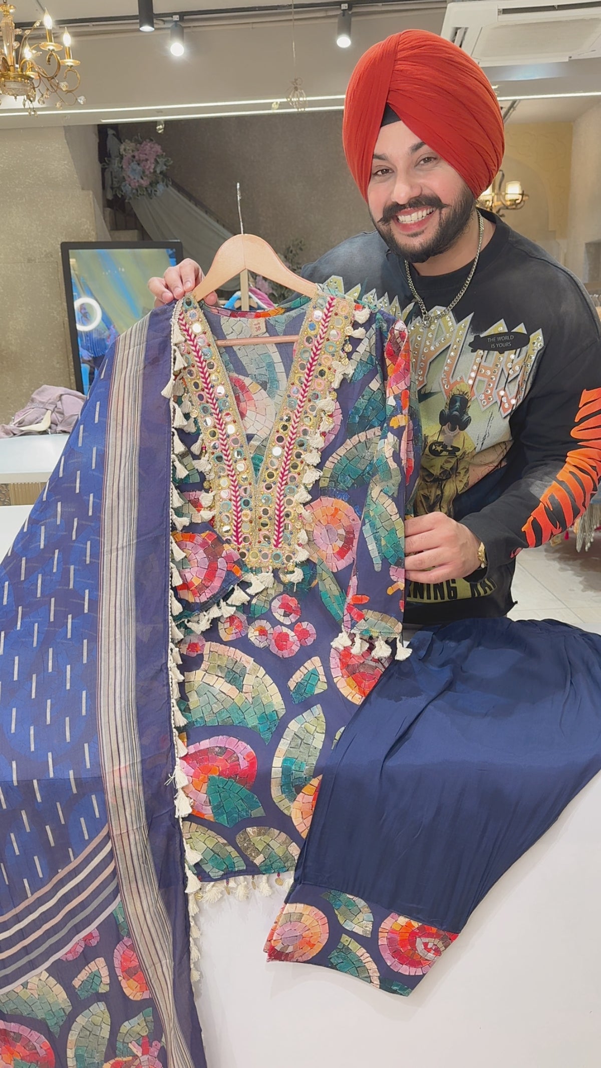 Blue Mix Cotton Mirror & Tassels Work Indowestern Farshi Salwar Suit