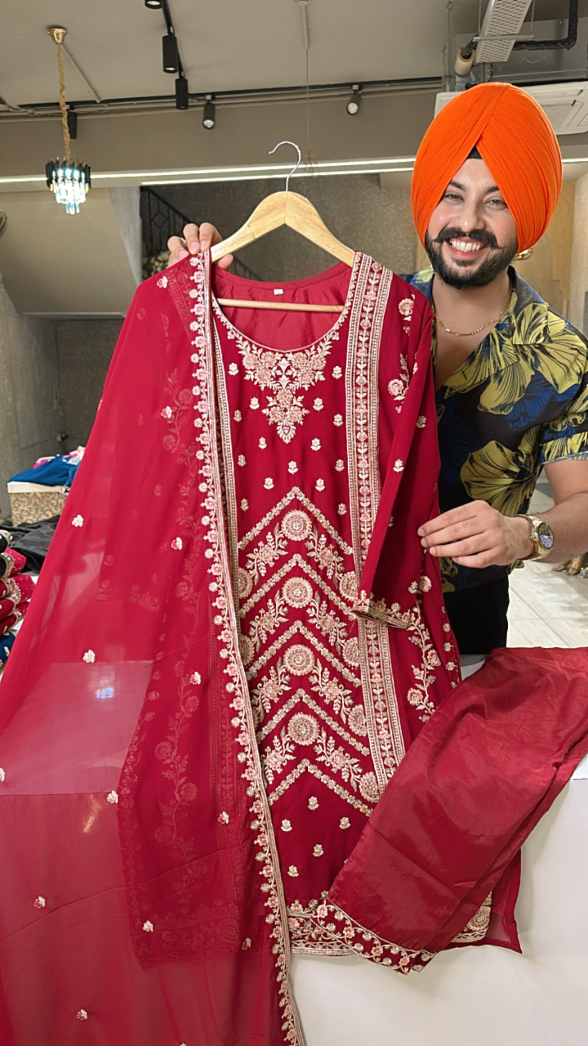 Reddish Maroon Georgette Fully embroidered Straight Suit with Embroidered Duppata