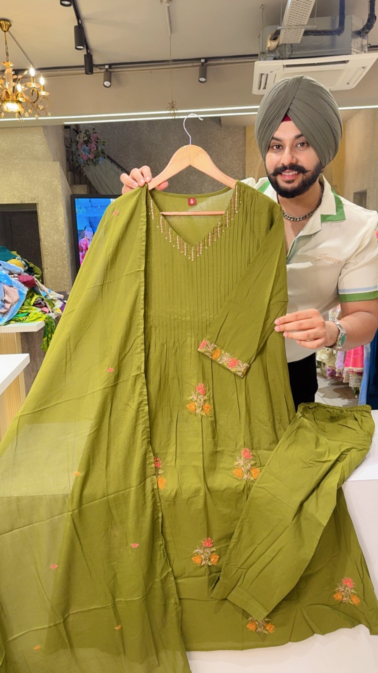 Light Mehendi Soft Cotton A-line Semiformal Suit with Beautiful Embroidery work all over