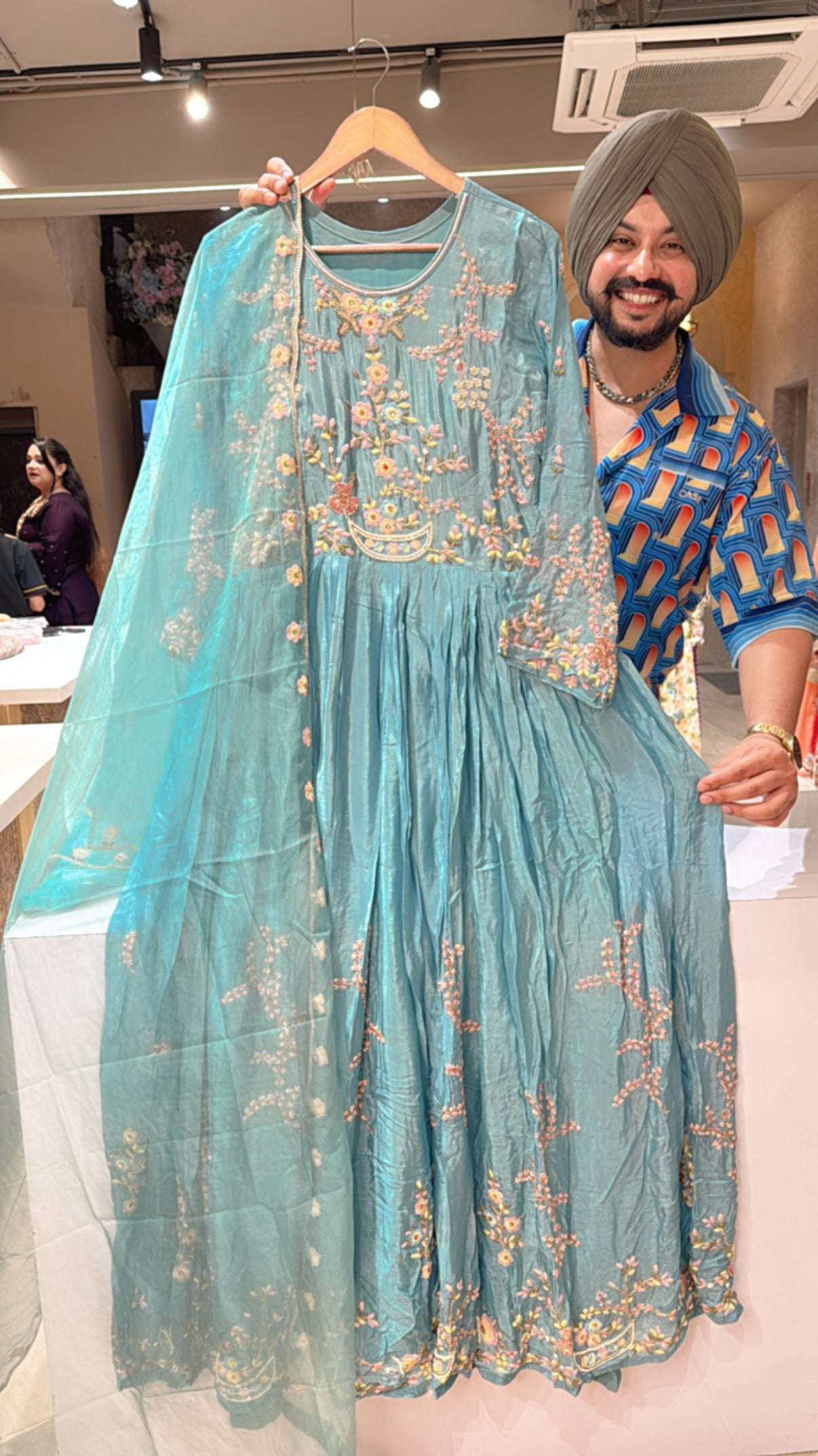 Light Blue pure Chinon Heavy hand Embroidered Royal Anarkali Suit with Beautiful organza Duppata