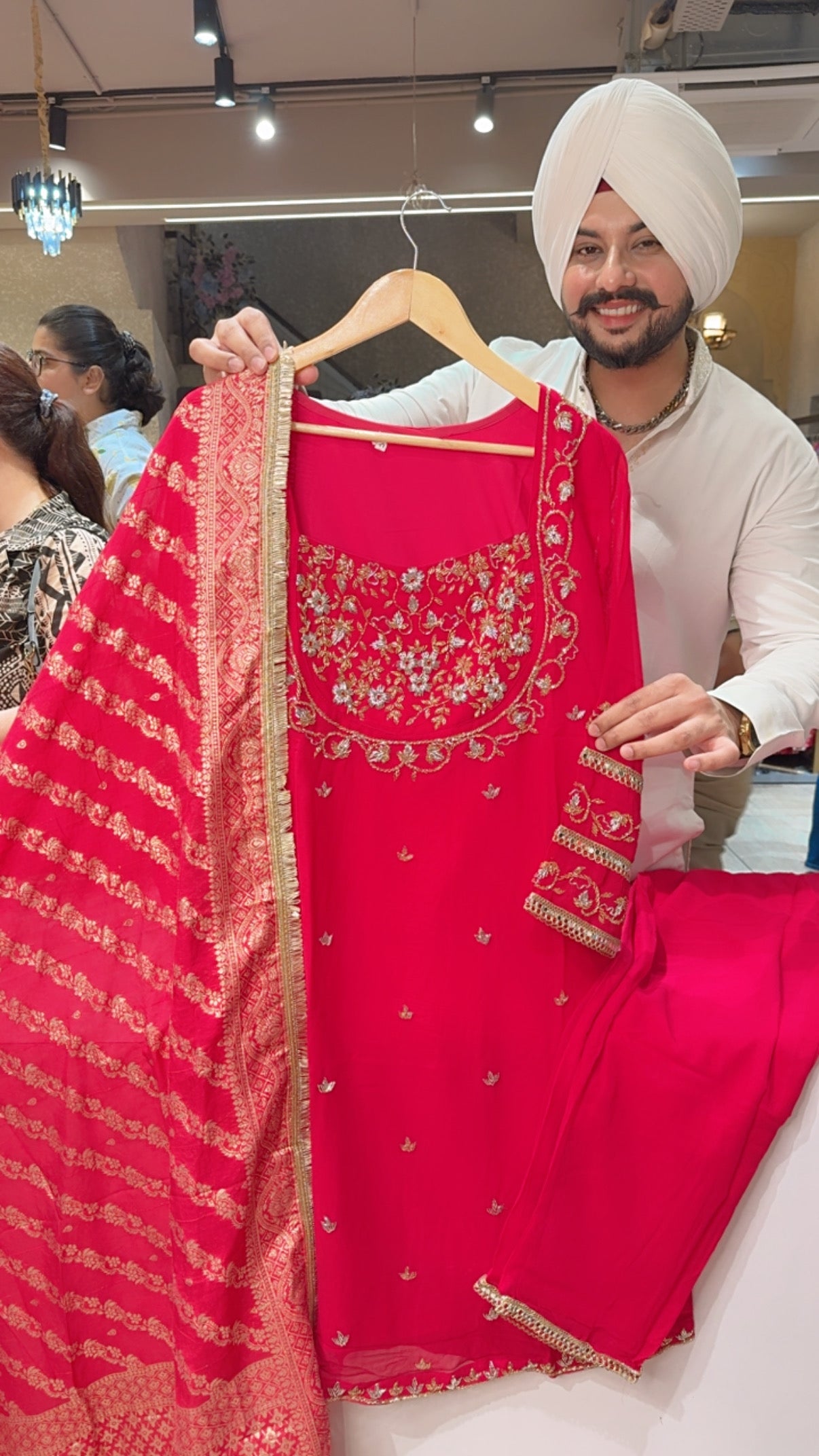 Hot pink Georgette Heavy hand embroidered Straight Suit with Banarasi look Duppata