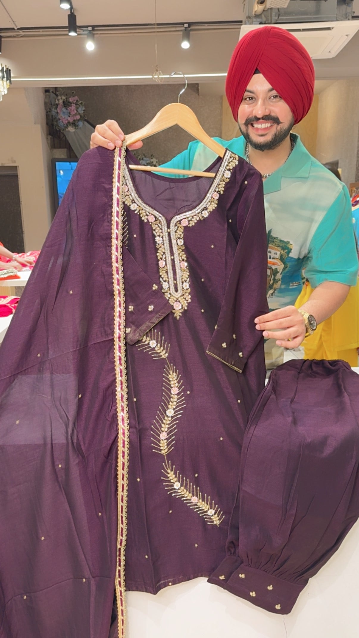Dark Wine Chinon Hand embroidered Pathani suits with Beautiful Duppata