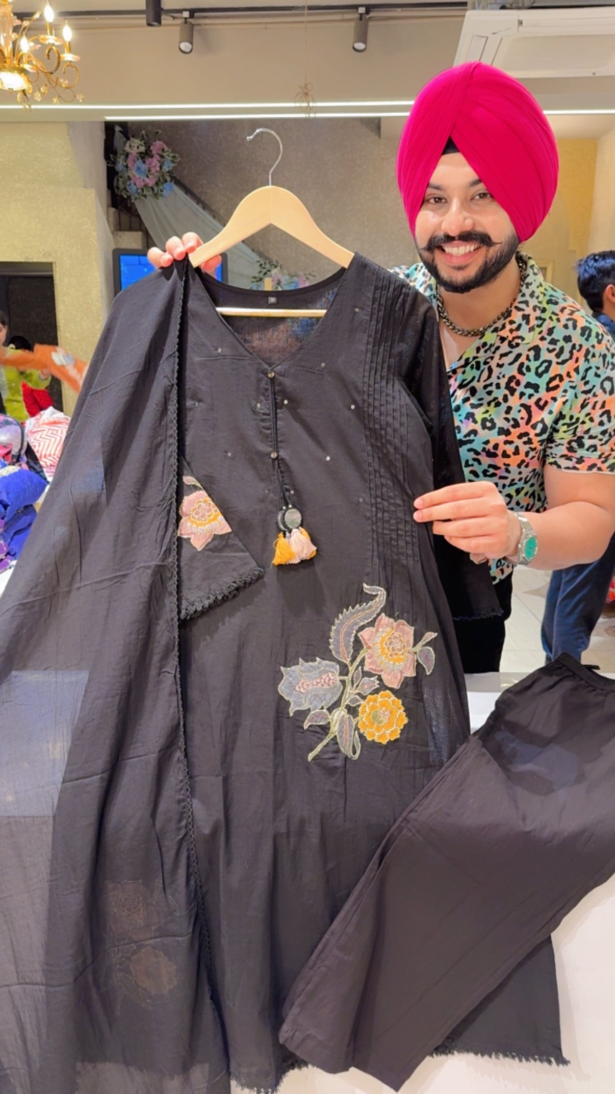 Black Soft Cotton Floral Embroidered Aline  Semi formal Suit