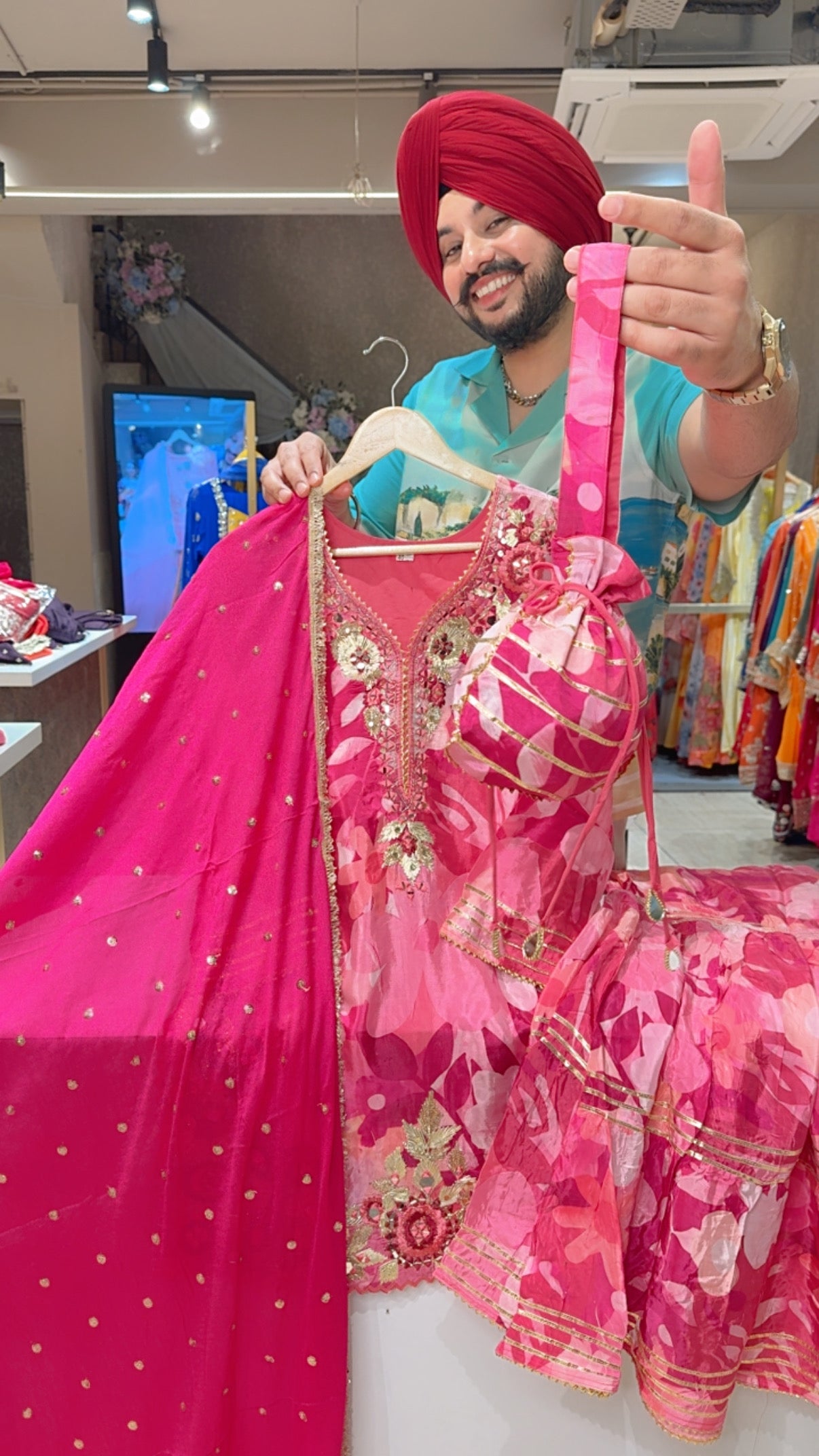 Pink Crepe heavy Embroidered Full Flair Garara set with Cute Potli & Chinon Sequins Work Duppata