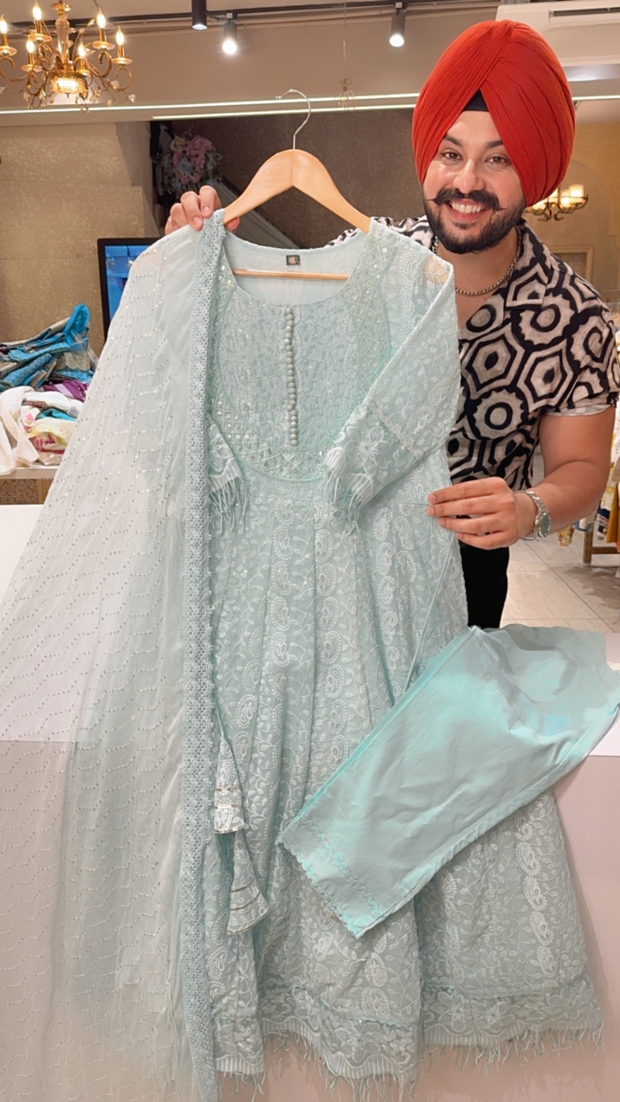 Sea blue Georgette Self Embroidered Full Flair Anarkali Suit with Sequins Work Chiffon Duppata